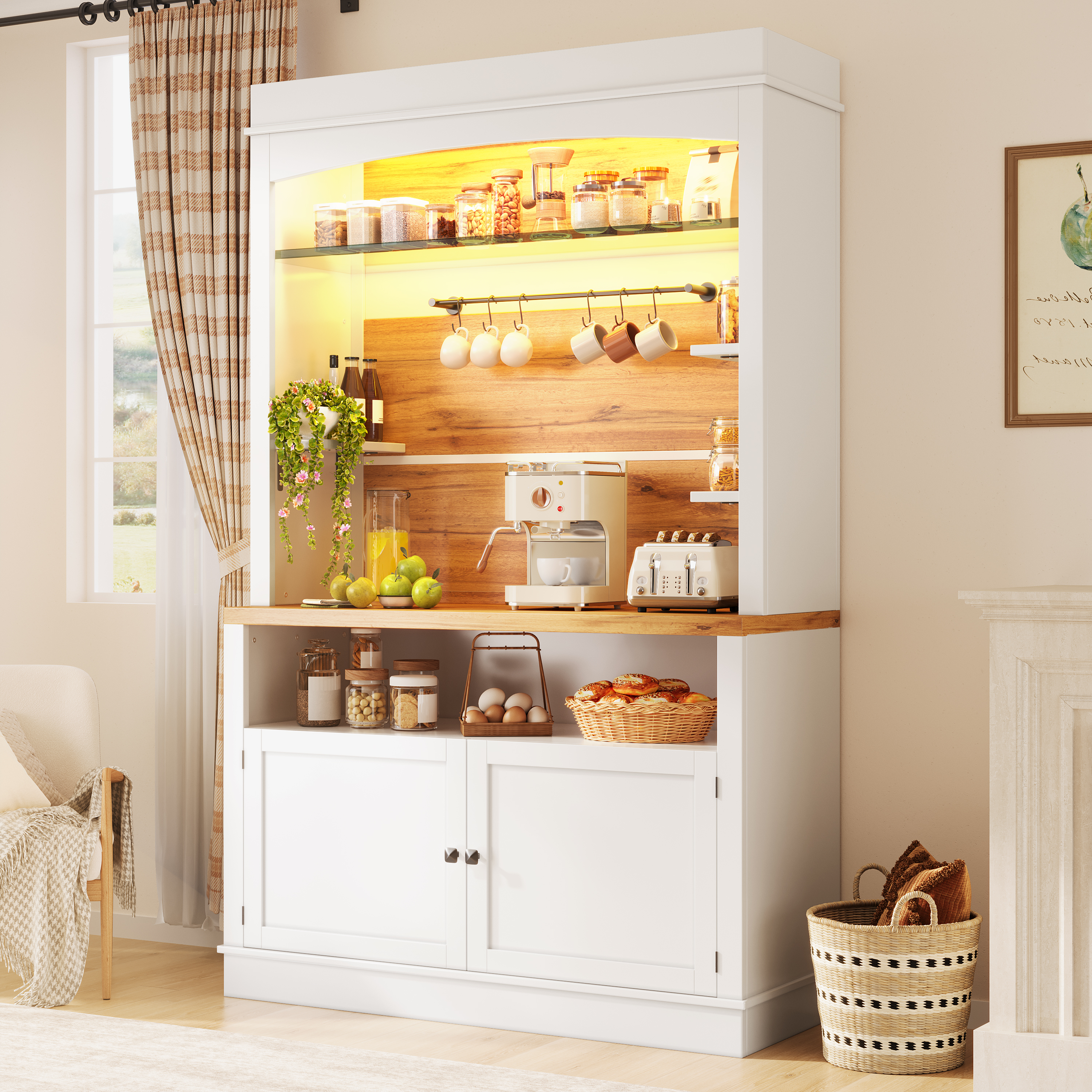 Lot de 2 meubles hauts avec éclairage LED, meuble buffet hauteur 184 cm avec étagère en verre et bande de crochets, blanc, capacité de charge jusqu'à 60 kg, buffet de cuisine, meuble de rangement