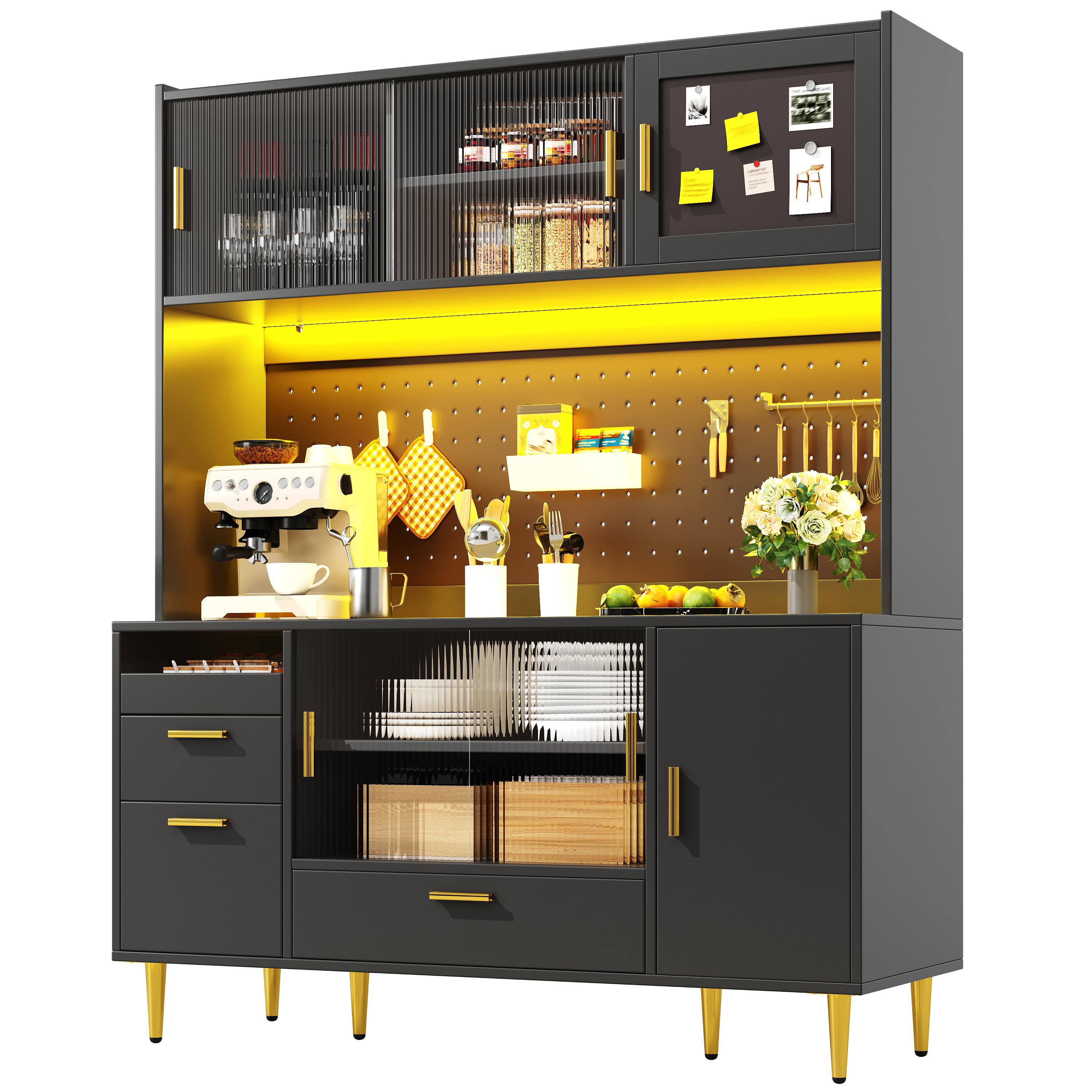 Buffet noir brillant avec éclairage LED et paroi perforée, meuble de cuisine de 180 cm de haut avec portes coulissantes en verre et porte magnétique, peut supporter jusqu'à 60 kg, buffet de cuisine