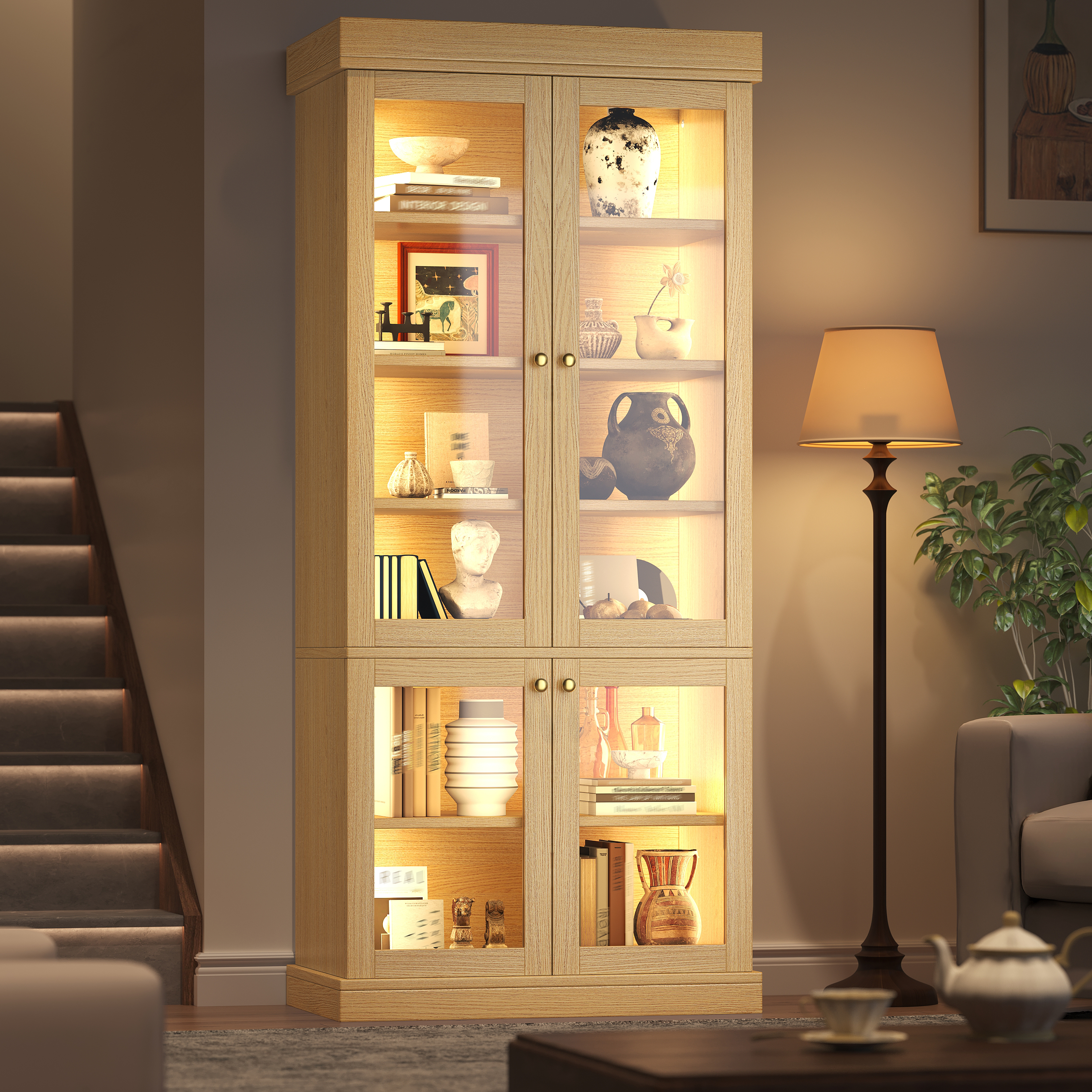 Armoire haute moderne avec éclairage d'ambiance LED intégré, vitrine en verre, aménagement intérieur bien pensé et protection contre les pointes, stable, sûre et polyvalente pour la maison, marron