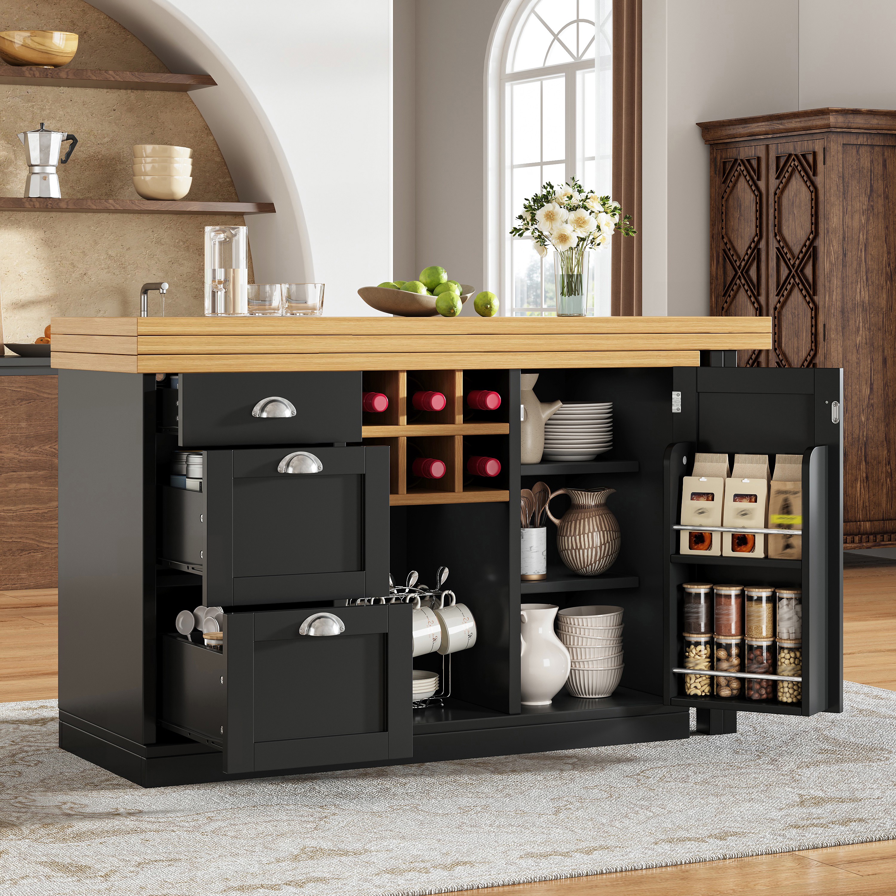 Table de bar multifonctionnelle avec rangement, îlot de cuisine extensible avec casier à vin et tiroir, poignées en métal, table de cuisine pliante rotative à 360°, chariot de service pour petits