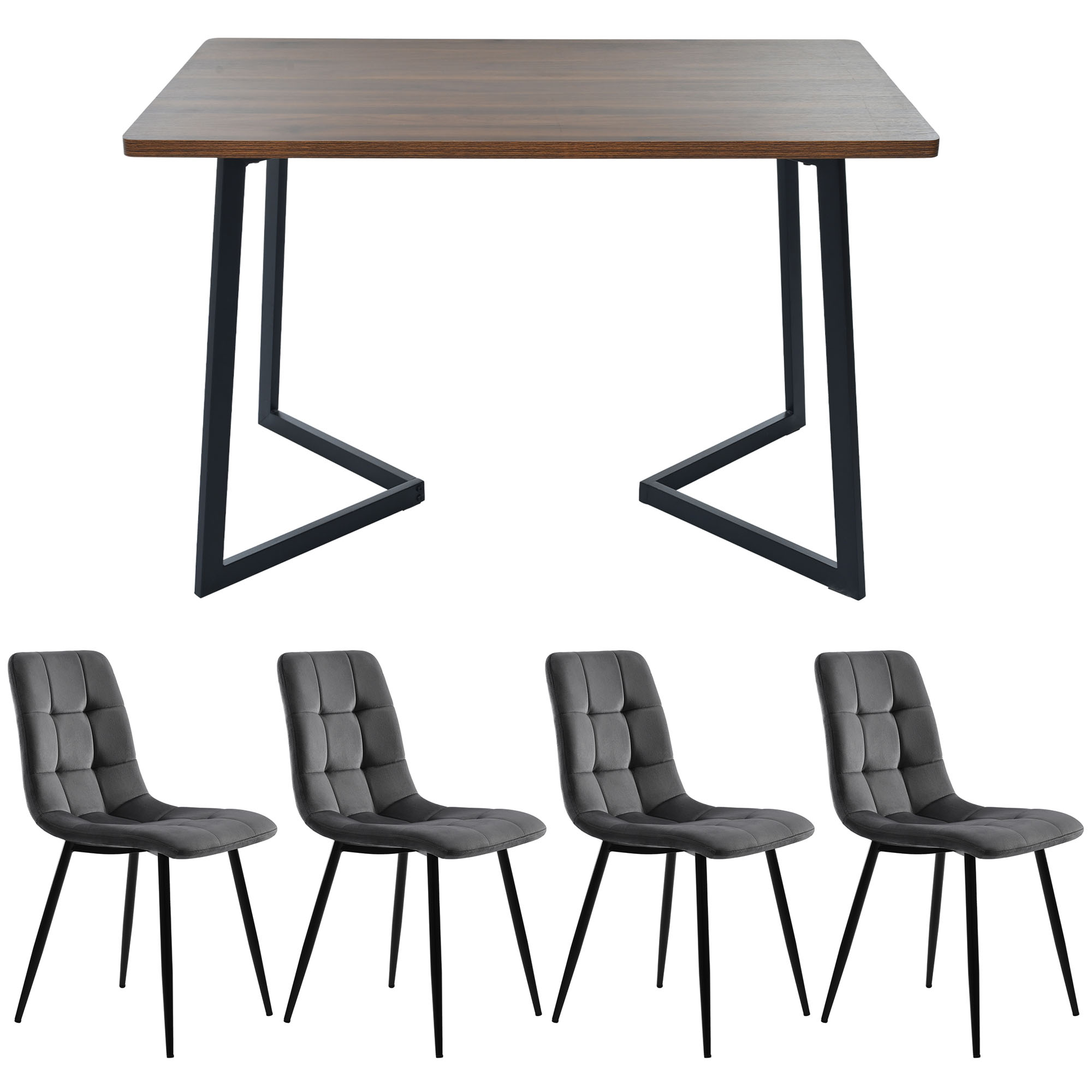 Ensemble table et chaises, 5 pièces, 1 table + 4 chaises, métal et bois, gris foncé - vue 1