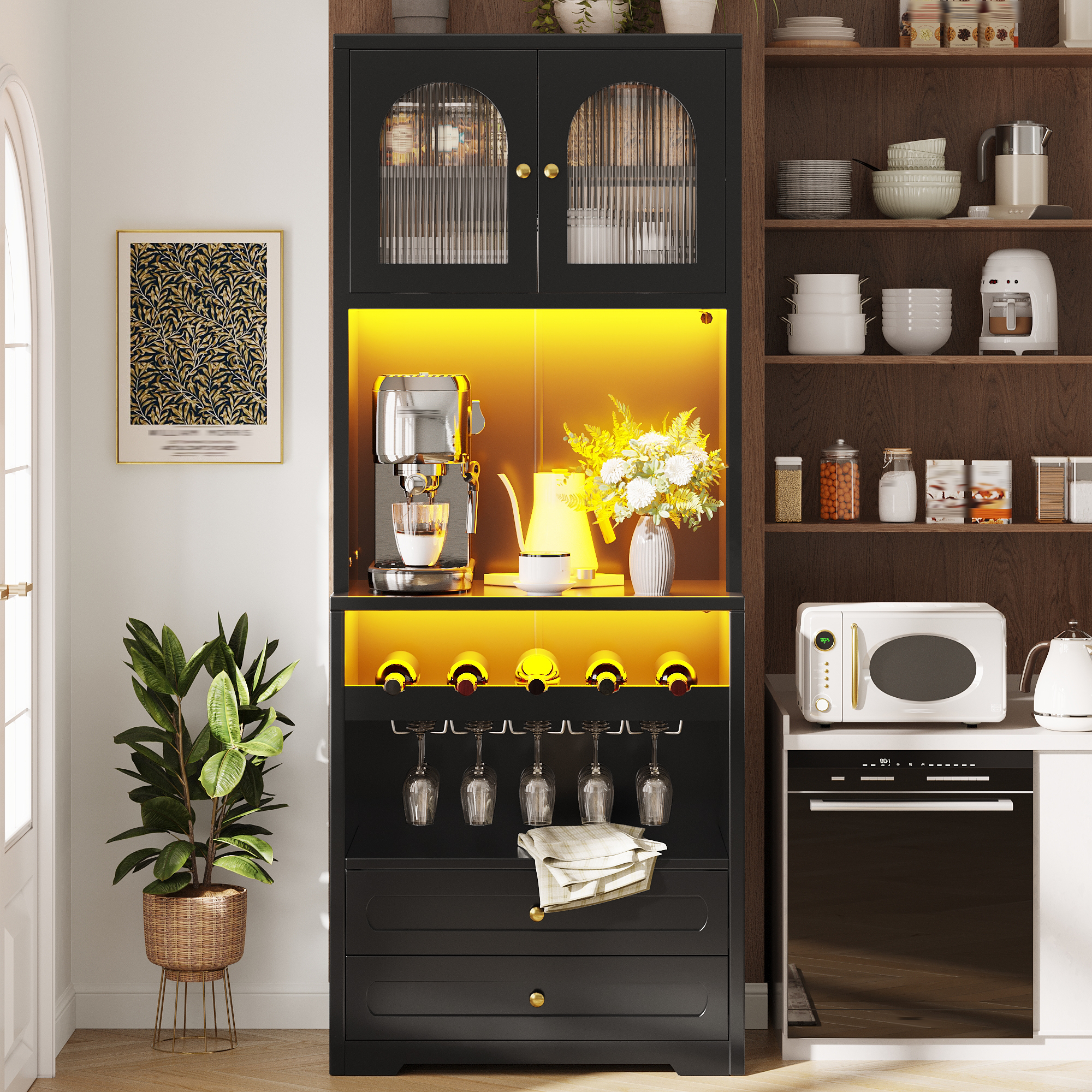 Meuble haut avec portes en verre courbées, éclairage LED via application & synchronisation musicale, étagères réglables, casier à vin, port USB, anti-basculement, pour salon & salle à manger Noir