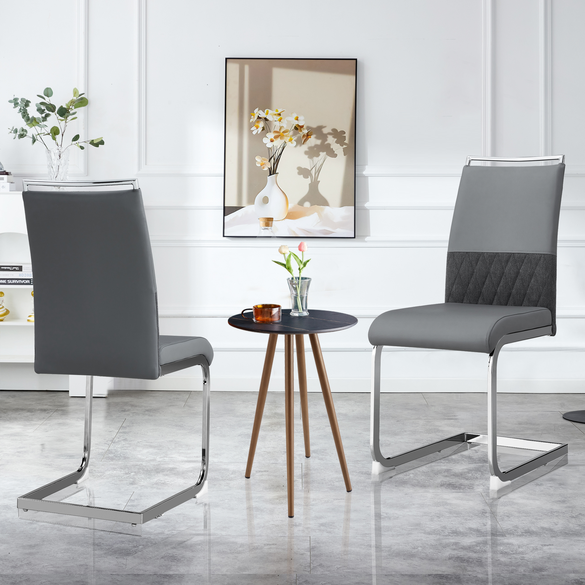 Chaise de salle à manger, lot de 4, assise rembourrée, 42 x 48 x 95 cm, similicuir et tissu effet lin, gris - vue 3