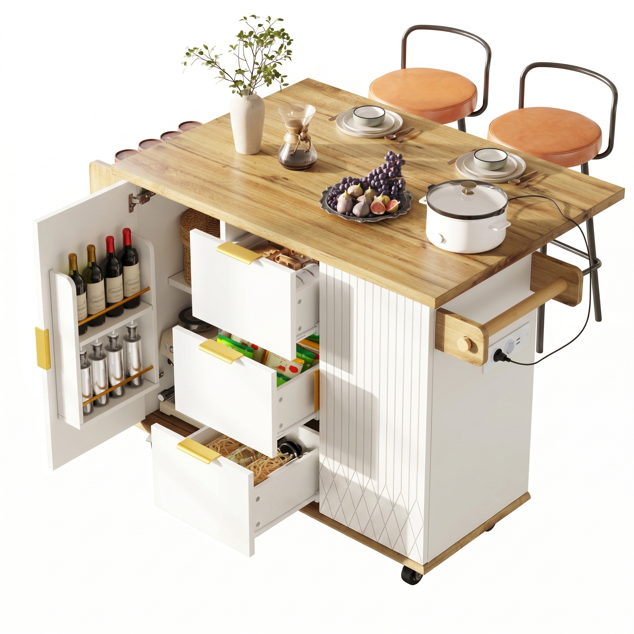 Ensemble chariot de cuisine avec tabourets de bar, îlot de cuisine mobile avec prise électrique et tabourets de bar ergonomiques, aspect bois blanc, desserte de cuisine, chariot de service