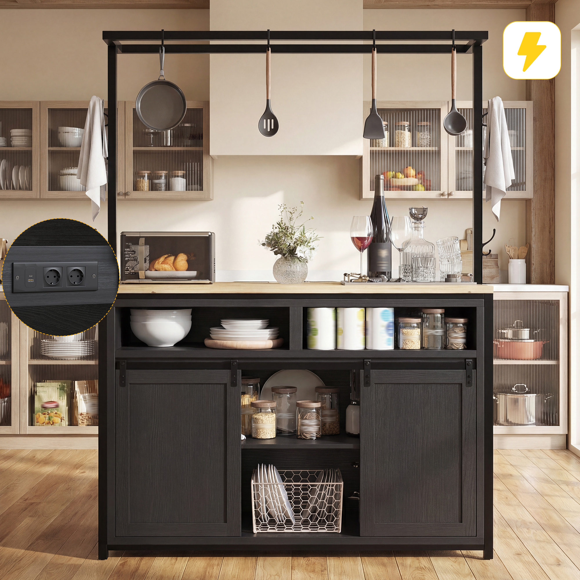 Ensemble d'îlot de cuisine avec 2 tabourets, armoire de cuisine avec prise électrique et tabourets de bar assortis, aspect bois/noir, pour cuisine et salle à manger, îlot de cuisine