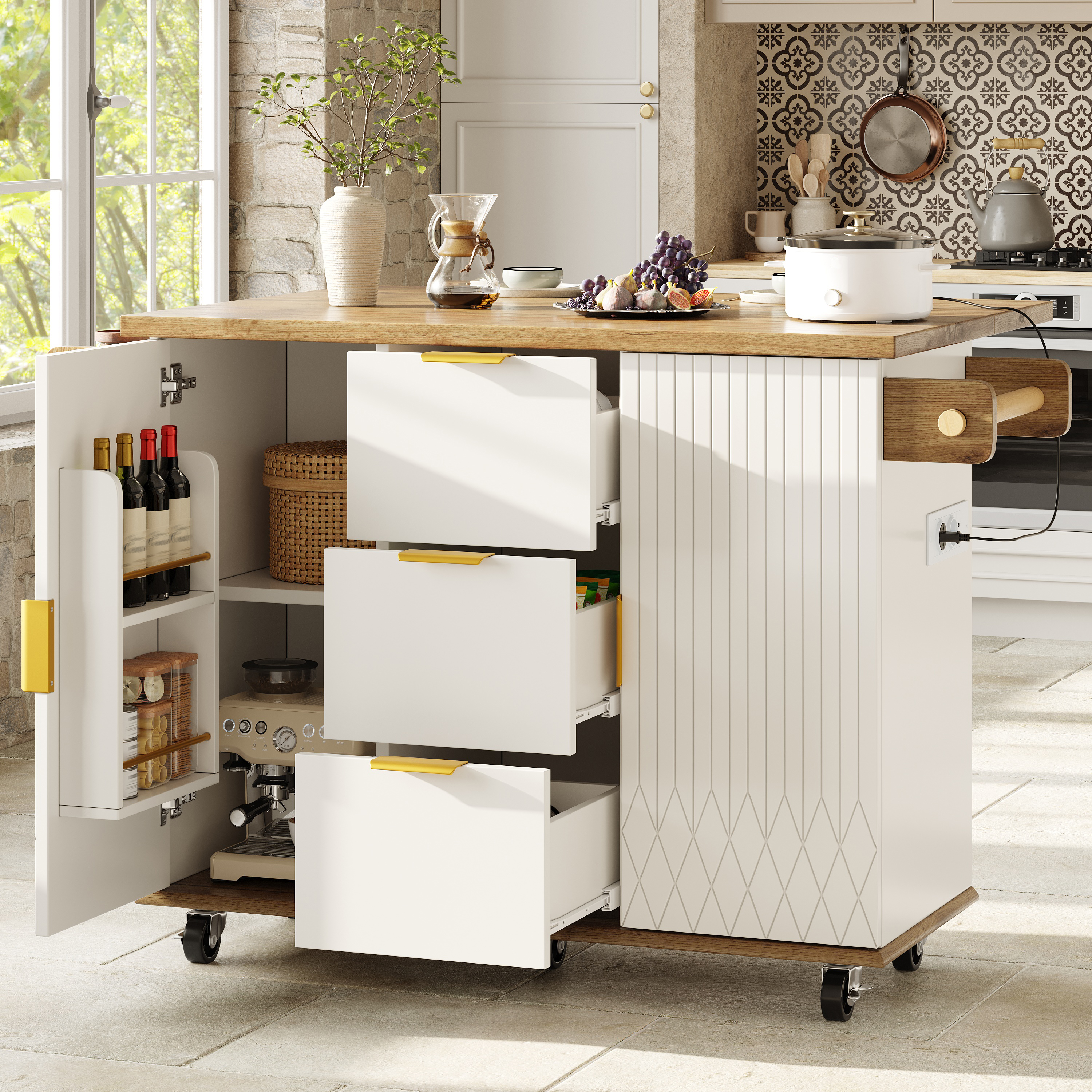 Desserte de cuisine avec plan de travail rabattable et prise électrique, meuble îlot de cuisine mobile à roulettes, aspect bois blanc, capacité de charge jusqu'à 70 kg, desserte de cuisine