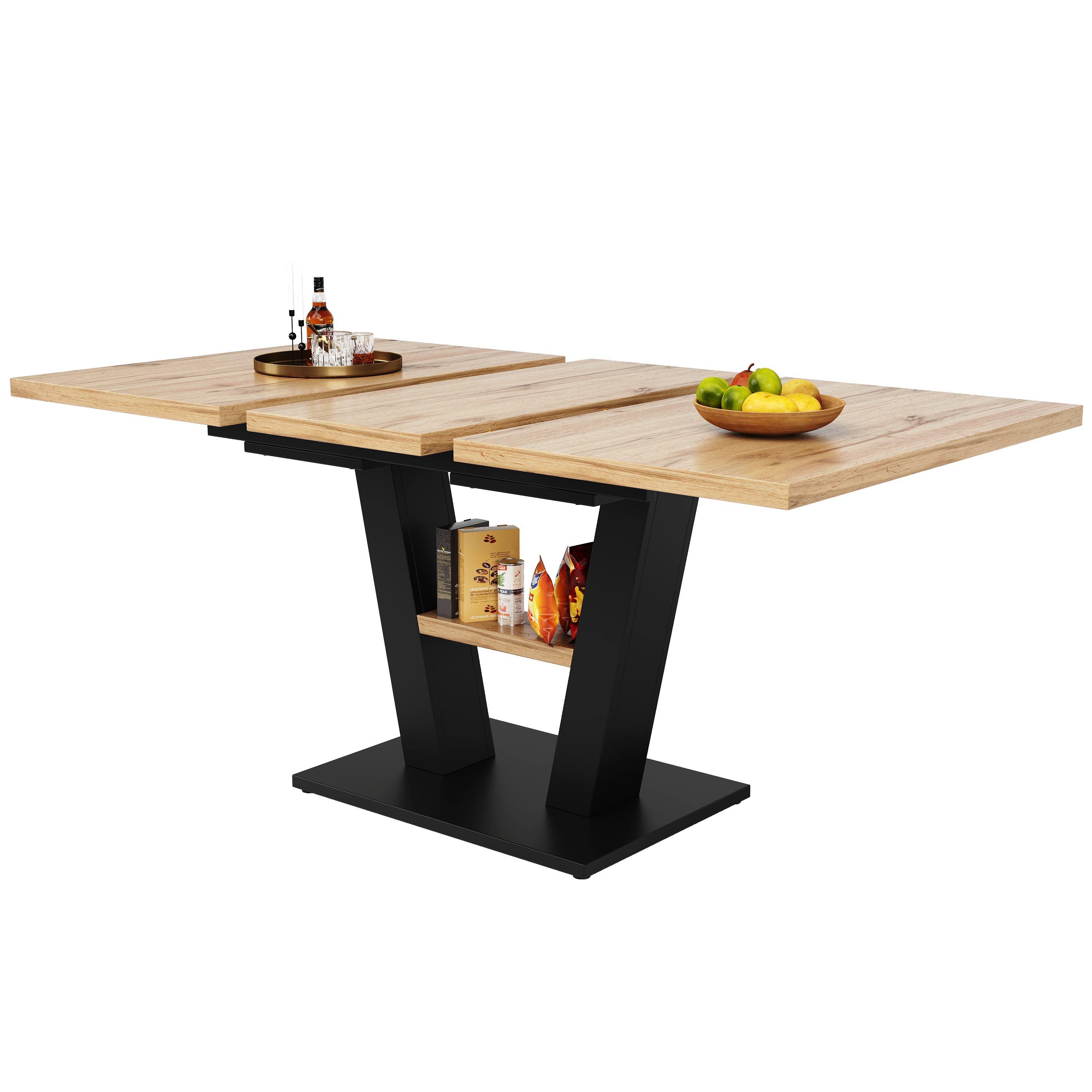 Table à manger extensible 118–157 cm pour 6 à 8 personnes, pieds en V rainurés, MDF, métal, Noir et effet bois naturel - détails