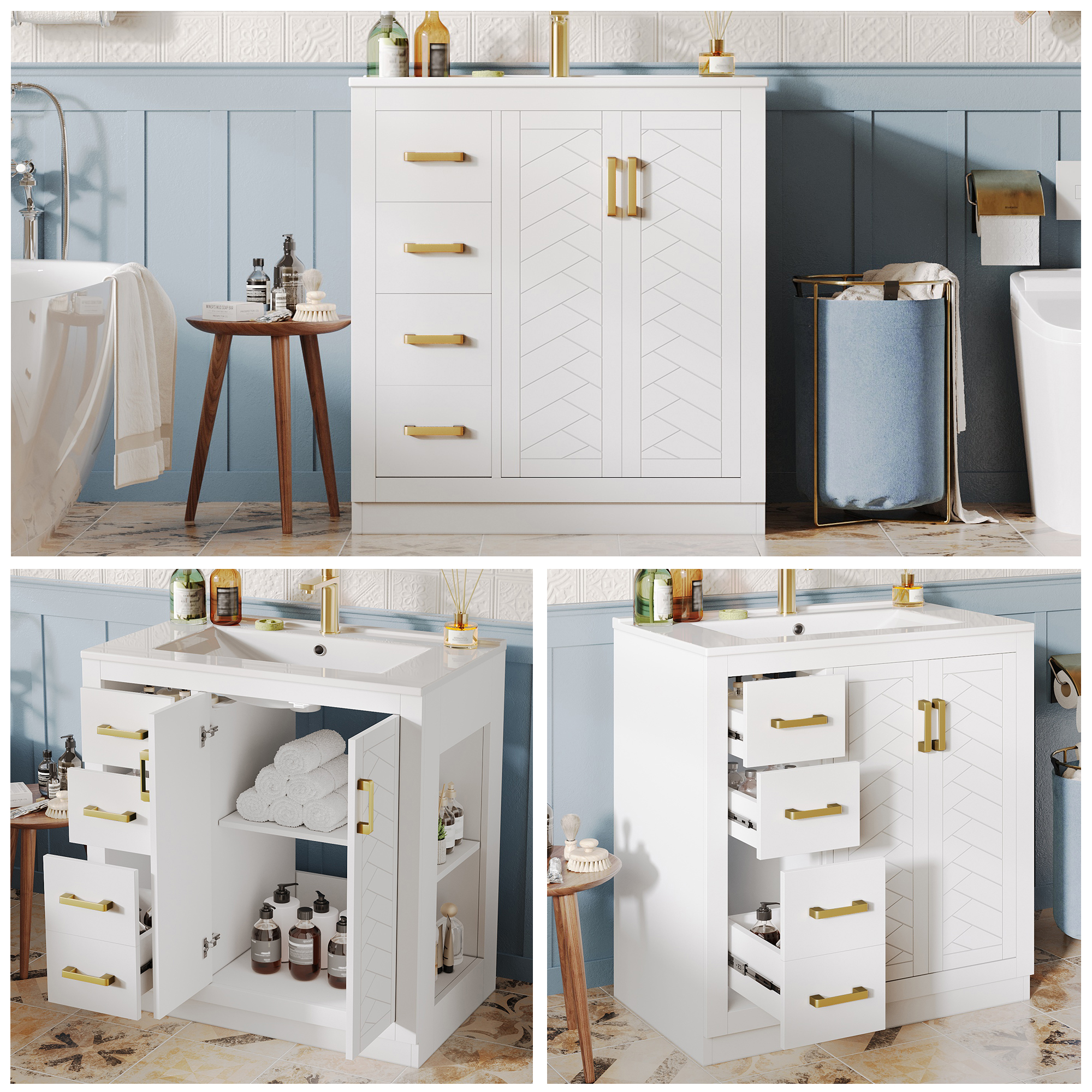 Waschbeckenunterschrank mit 3 Schubladen & Seitlic
