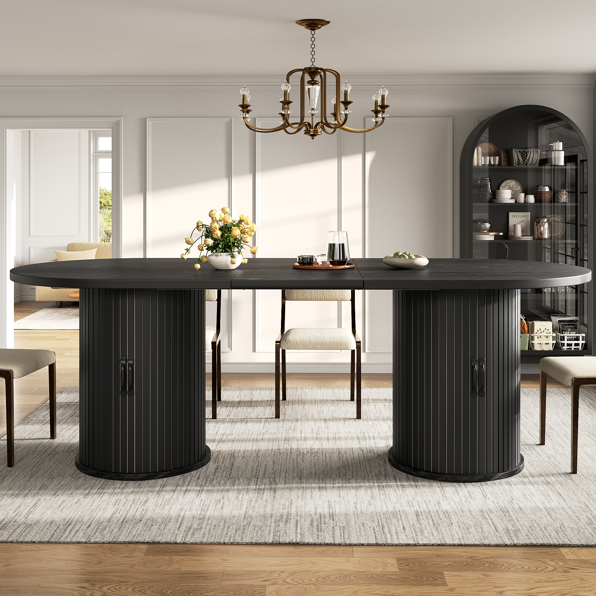Table à manger extensible, table de cuisine polyvalente avec poignées en métal, gain de place pour les petites pièces, table multifonctionnelle, compartiment de rangement dissimulé, noir, 150-190 cm