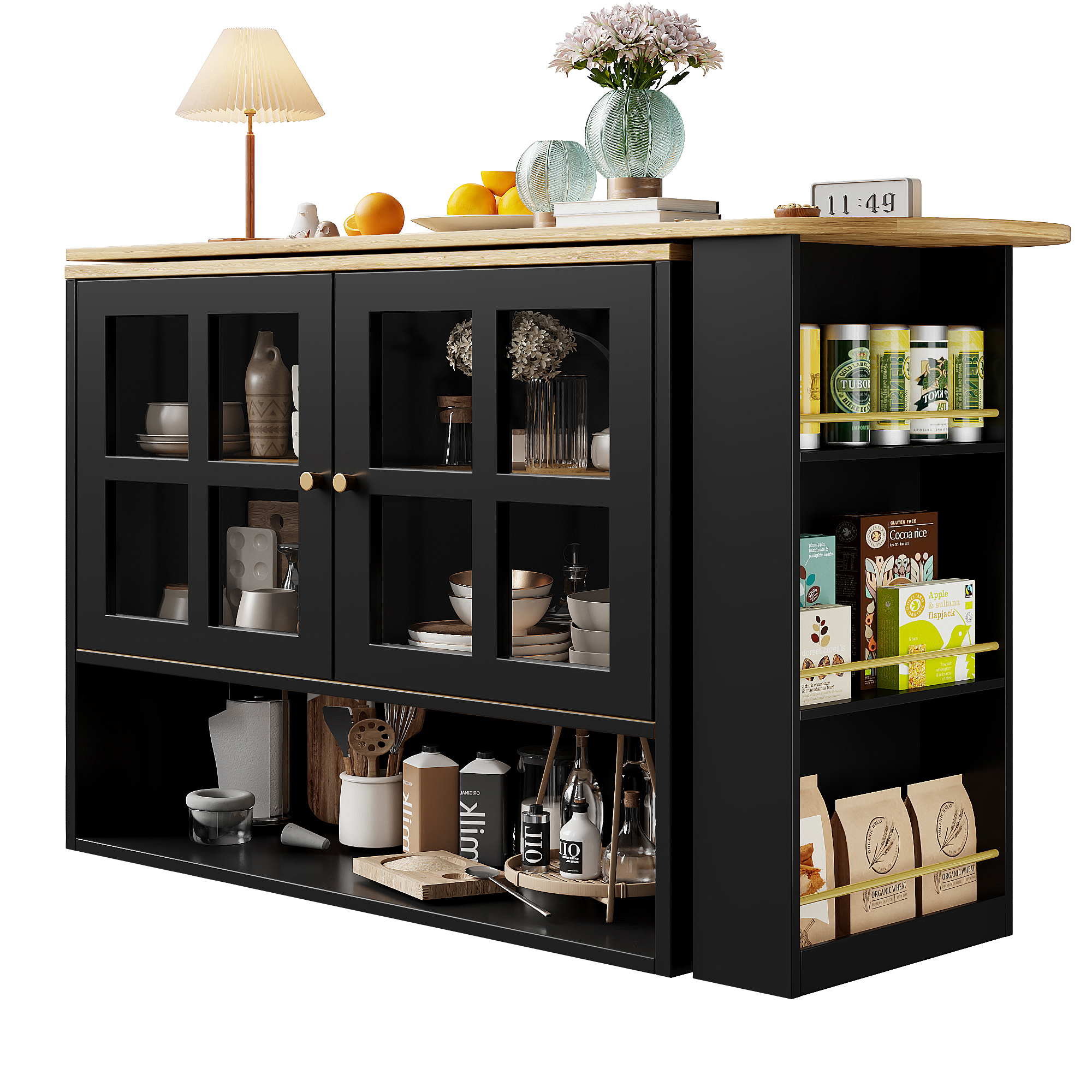Buffet haut 138 cm extensible à 204 cm, portes verre trempé, poignées métal, MDF, pour salon et entrée, design élégant, beaucoup de rangement, style moderne, stabilité, facile montage, décoration - image 19