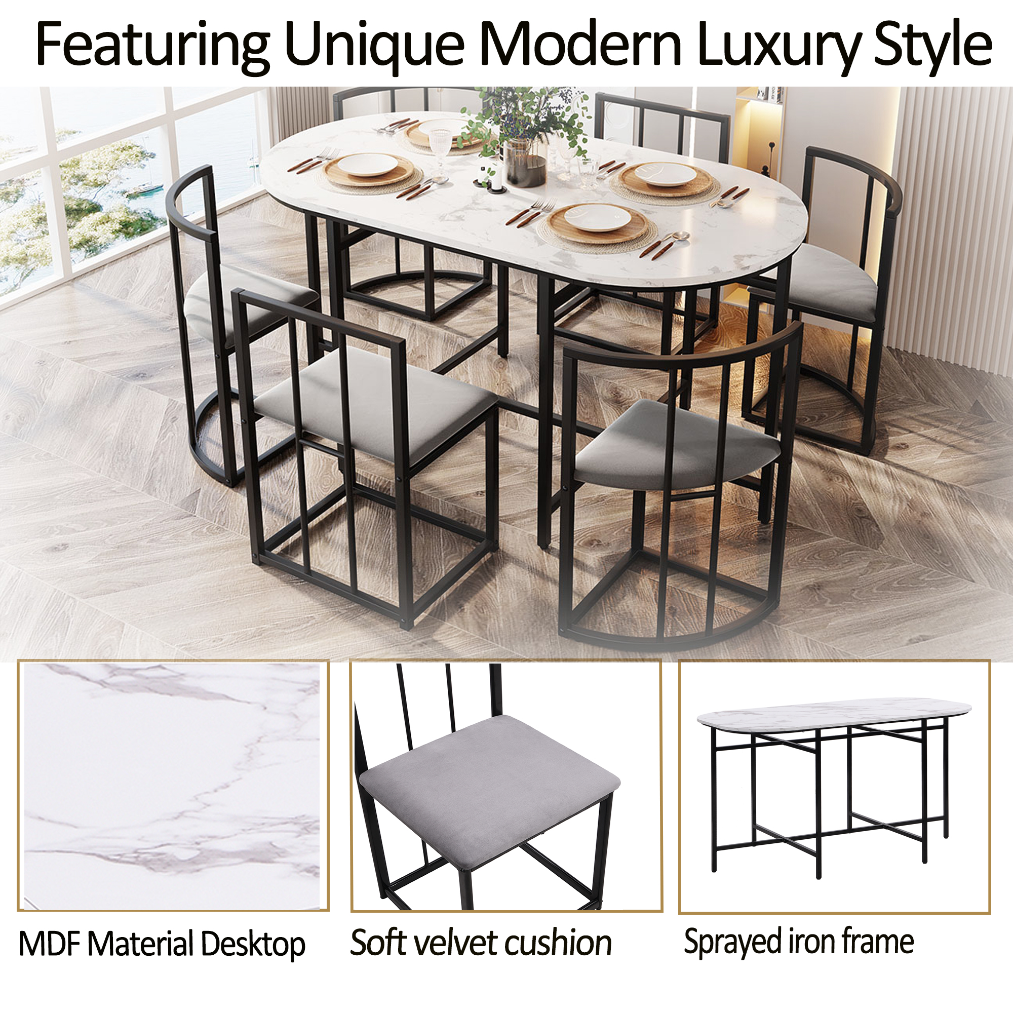 Ensemble table à manger + 6 chaises en MDF, chaises velours gris, cadre fer noir, pour salle à manger, design moderne, confort supérieur, beaucoup de places, style élégant, stabilité, décoration - image 10