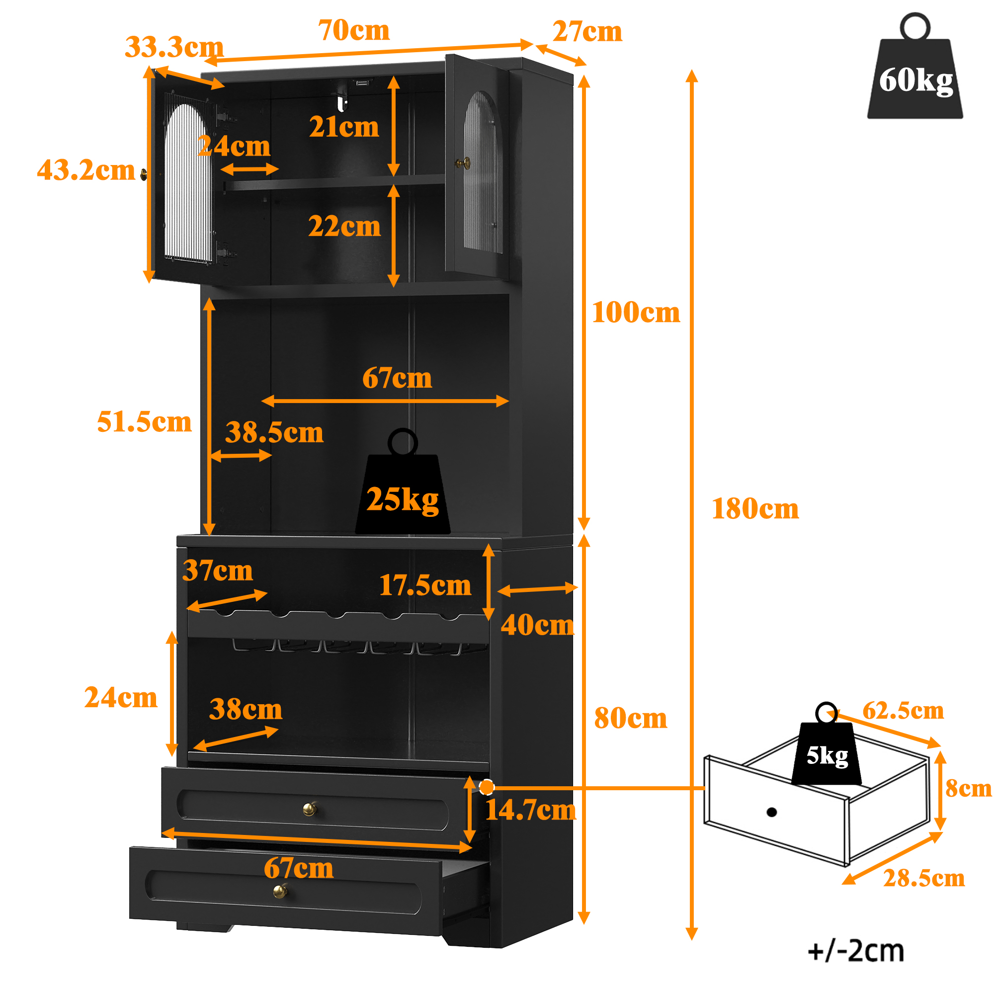Meuble haut avec portes en verre courbées, éclairage LED via application & synchronisation musicale, étagères réglables, casier à vin, port USB, anti-basculement, pour salon & salle à manger Noir