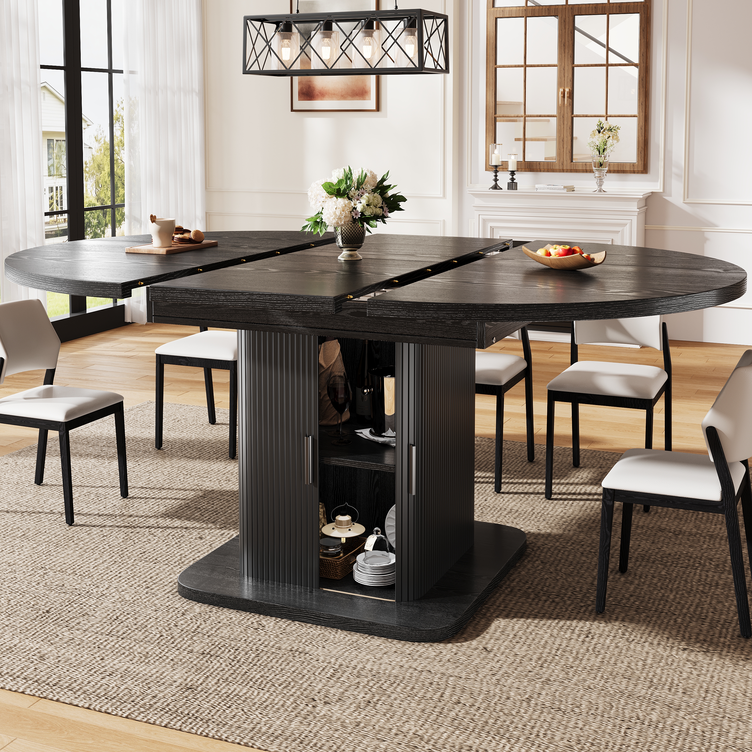Table à manger ovale extensible 110–150 × 110 × 75 cm avec rangement à portes coulissantes - vue 3
