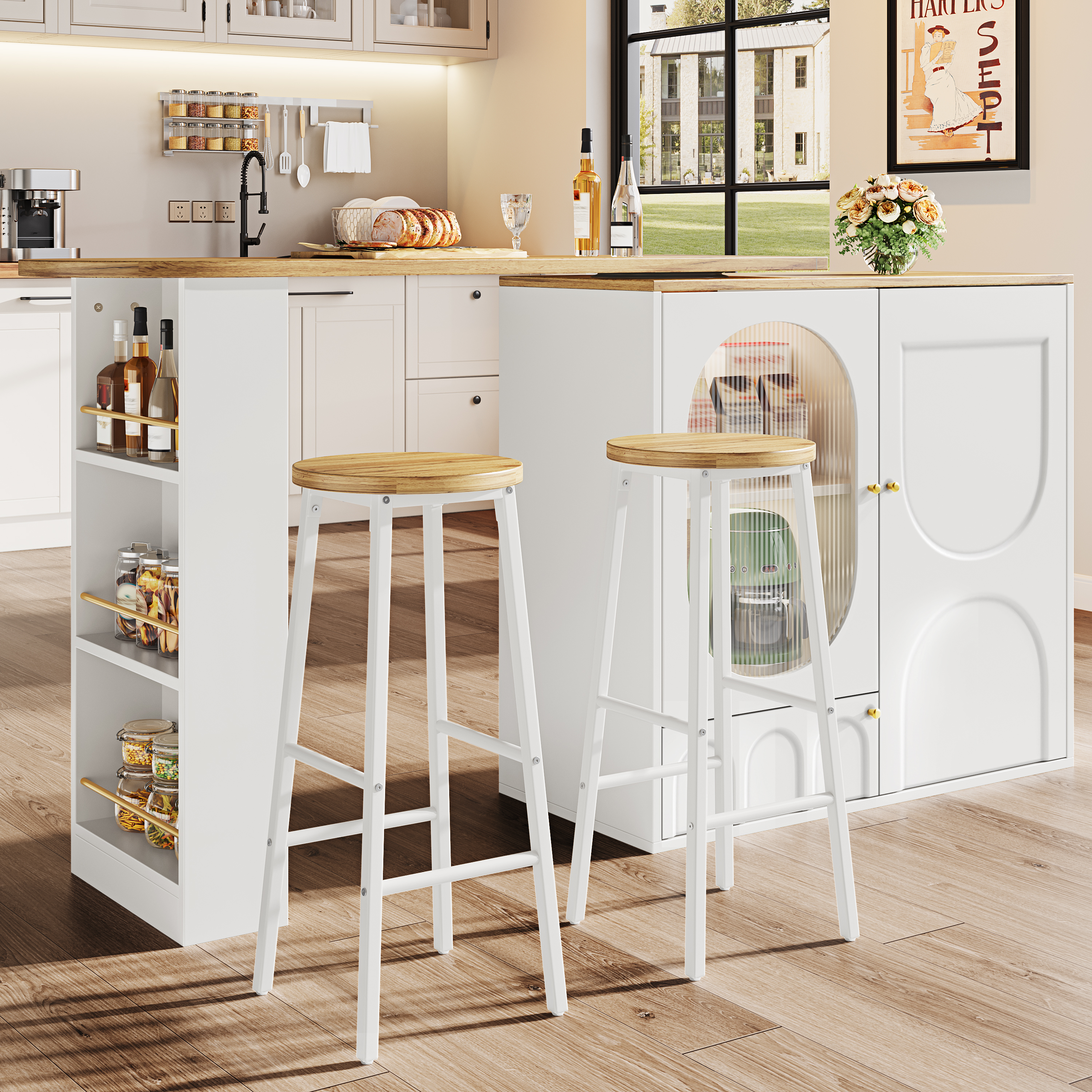 Ensemble de bar: table îlot de cuisine avec espace de rangement et 2 tabourets de bar, blanc, aspect bois, avec portes d'armoires en verre et étagères réglables, peut supporter jusqu'à 150 kg par