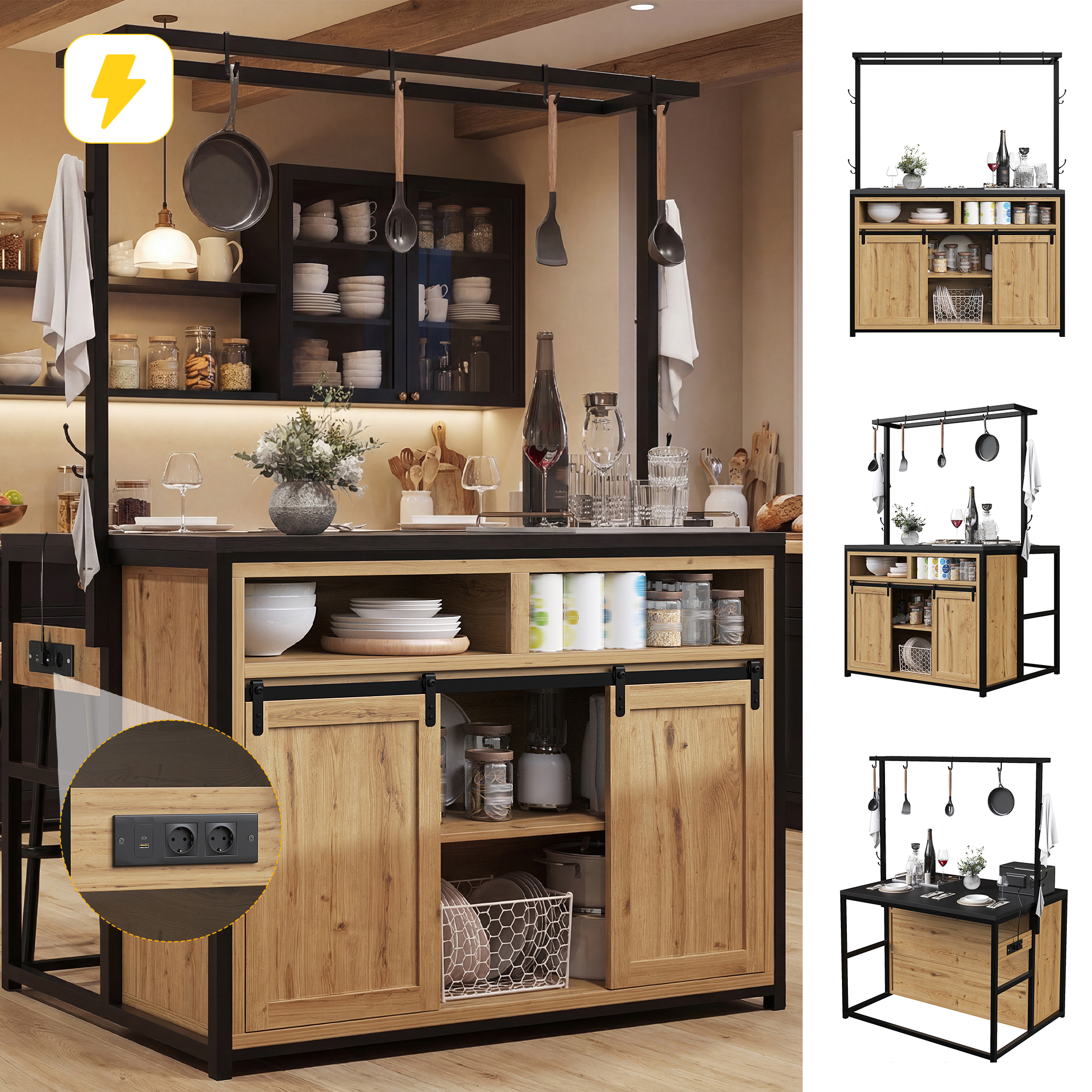 Meuble de cuisine avec plan de travail et branchement électrique, meuble îlot de cuisine de 183 cm de haut avec étagère suspendue, aspect bois/noir, pour cuisine et salle à manger, îlot de cuisine