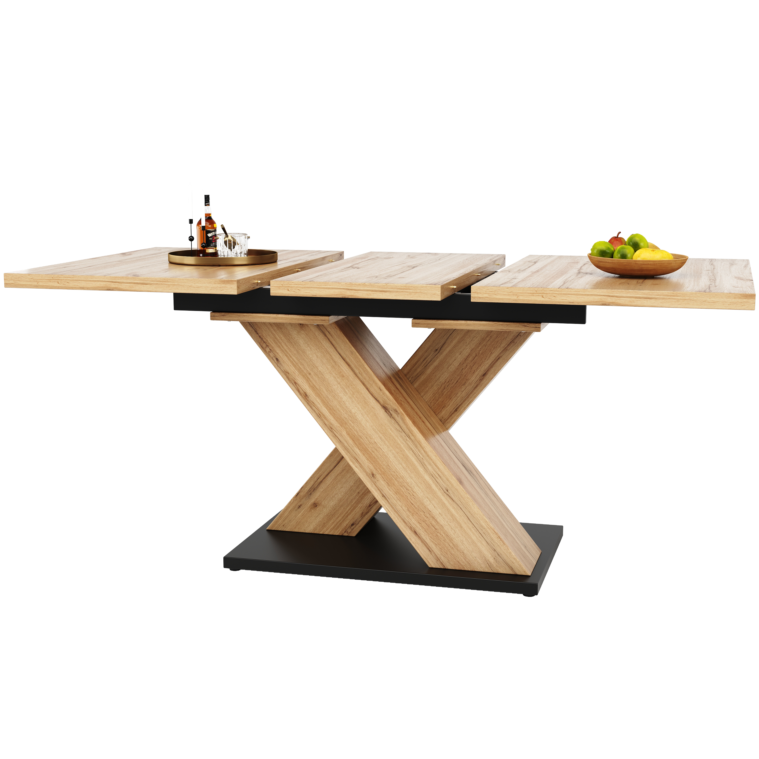 Table à manger extensible 119–158,5 cm x 80 x 75 cm pour 6 à 8 personnes, pieds croisés, MDF, Effet bois naturel - détails