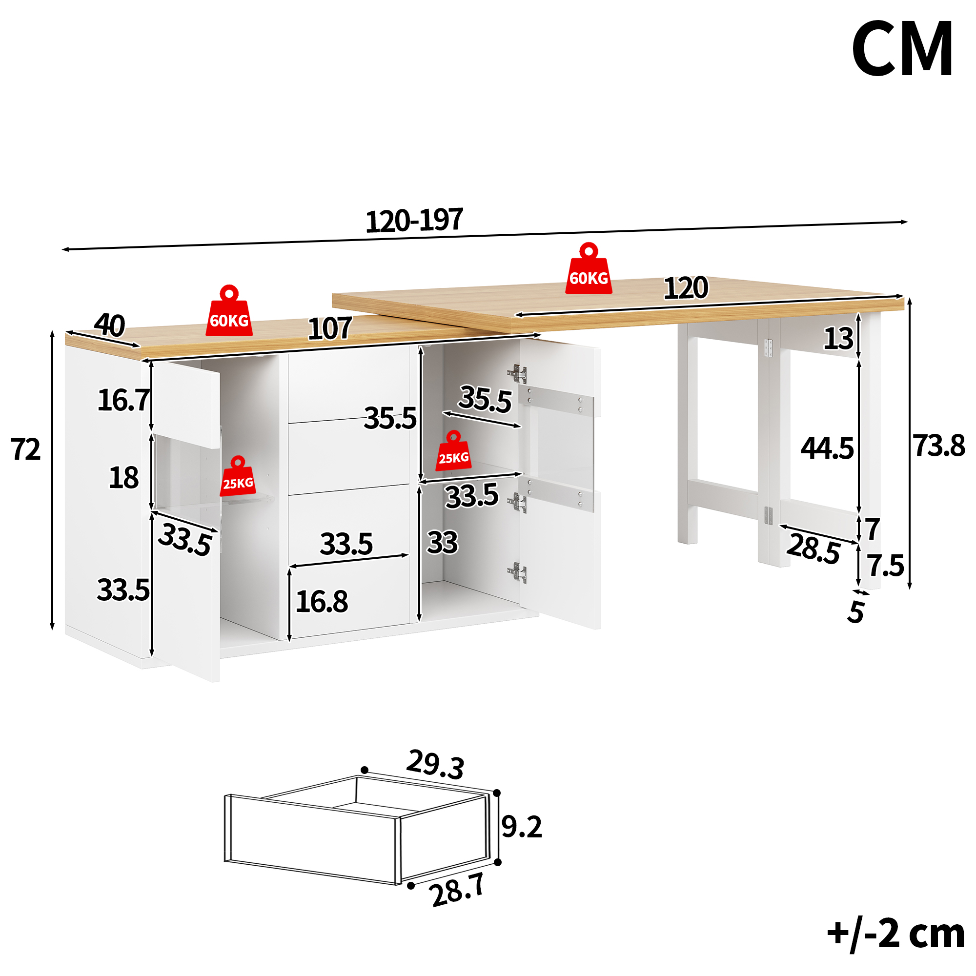 Îlot de cuisine rotatif à 360° avec LED RVB contrôlées par application 120-197 cm, portes en verre, 4 grands tiroirs et étagères réglables, blanc/noir, îlot de cuisine, meuble de rangement