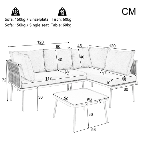 Schéma dimensions canapé