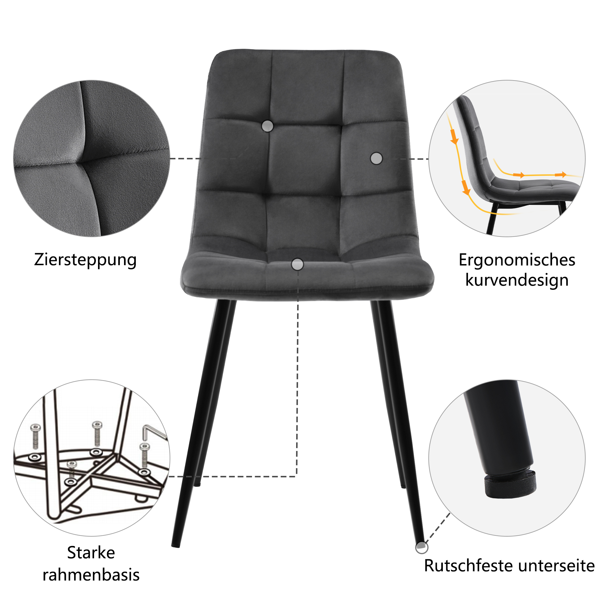 Ensemble table et chaises, 5 pièces, 1 table + 4 chaises, métal et velours, gris foncé - vue 1