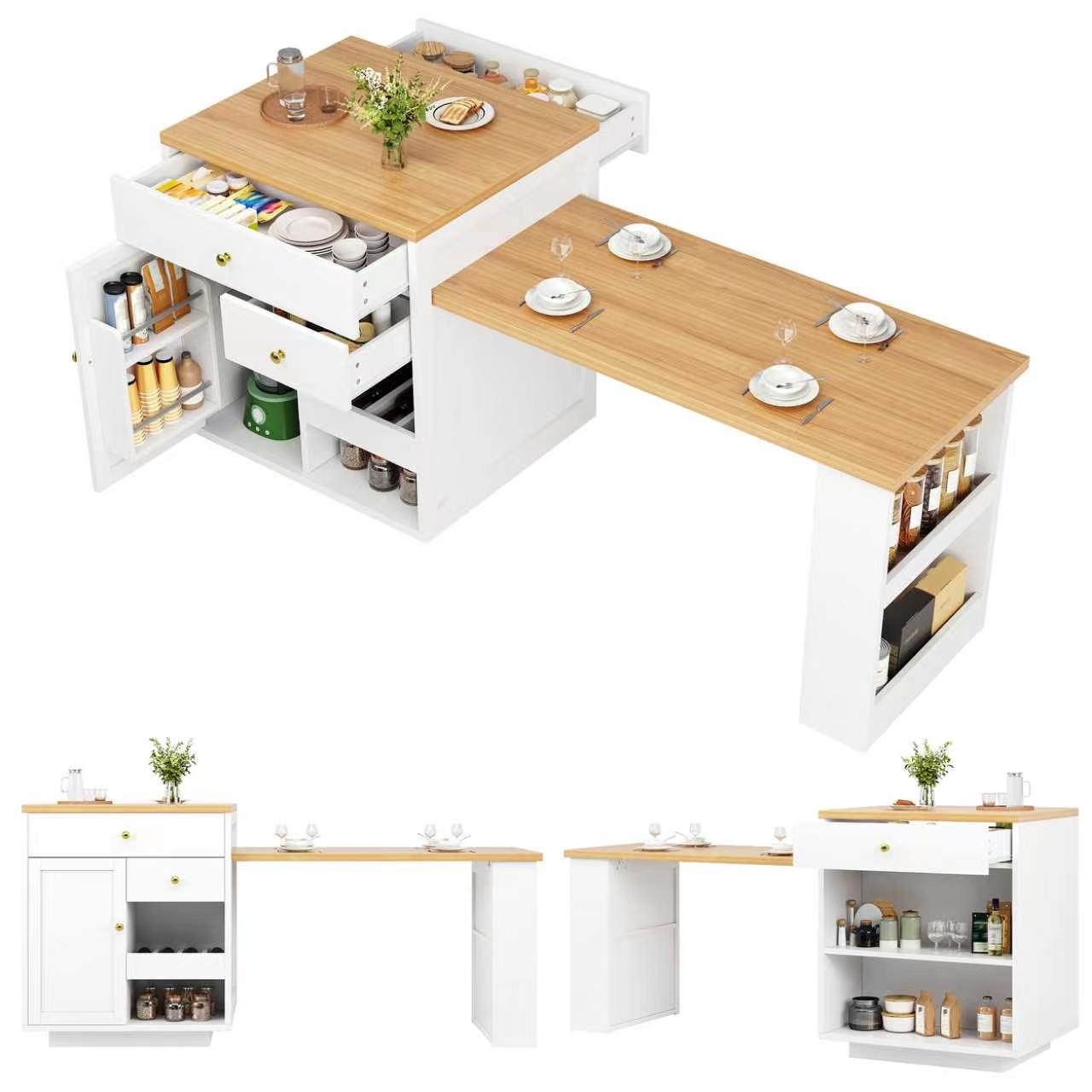 Détail îlot de cuisine blanc extensible
