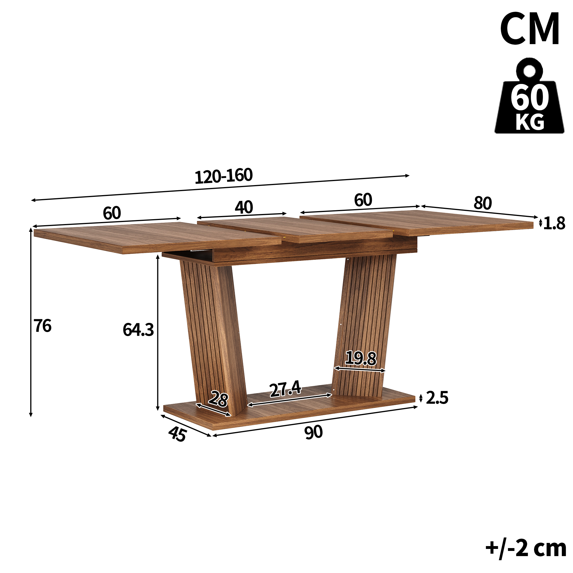 Table à manger extensible 120–160 × 80 × 76 cm avec double piètement rainuré - vue 4