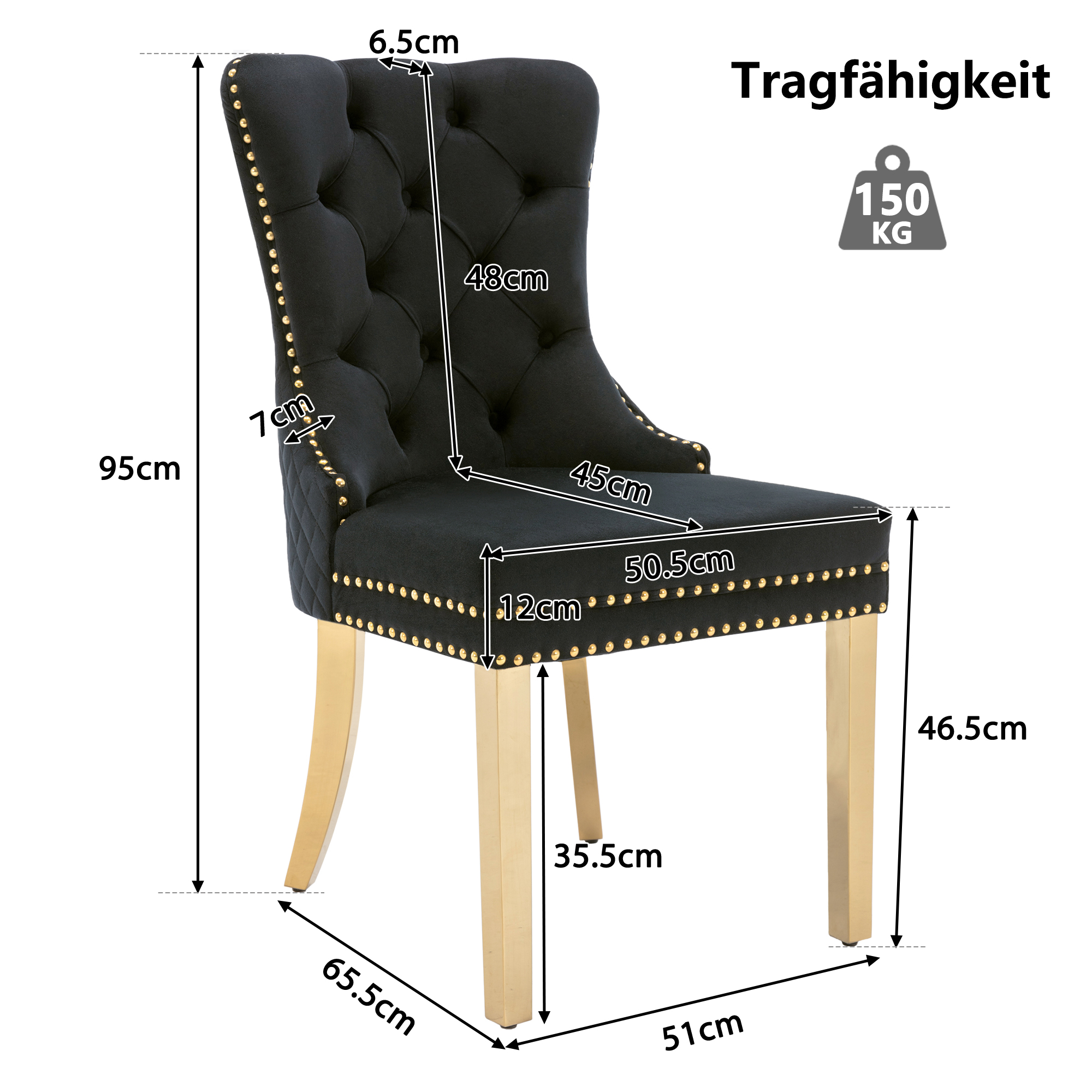 Chaise de salle à manger, 1 pièce, 50,5 x 45 x 95 cm, velours et acier, noir - vue 1