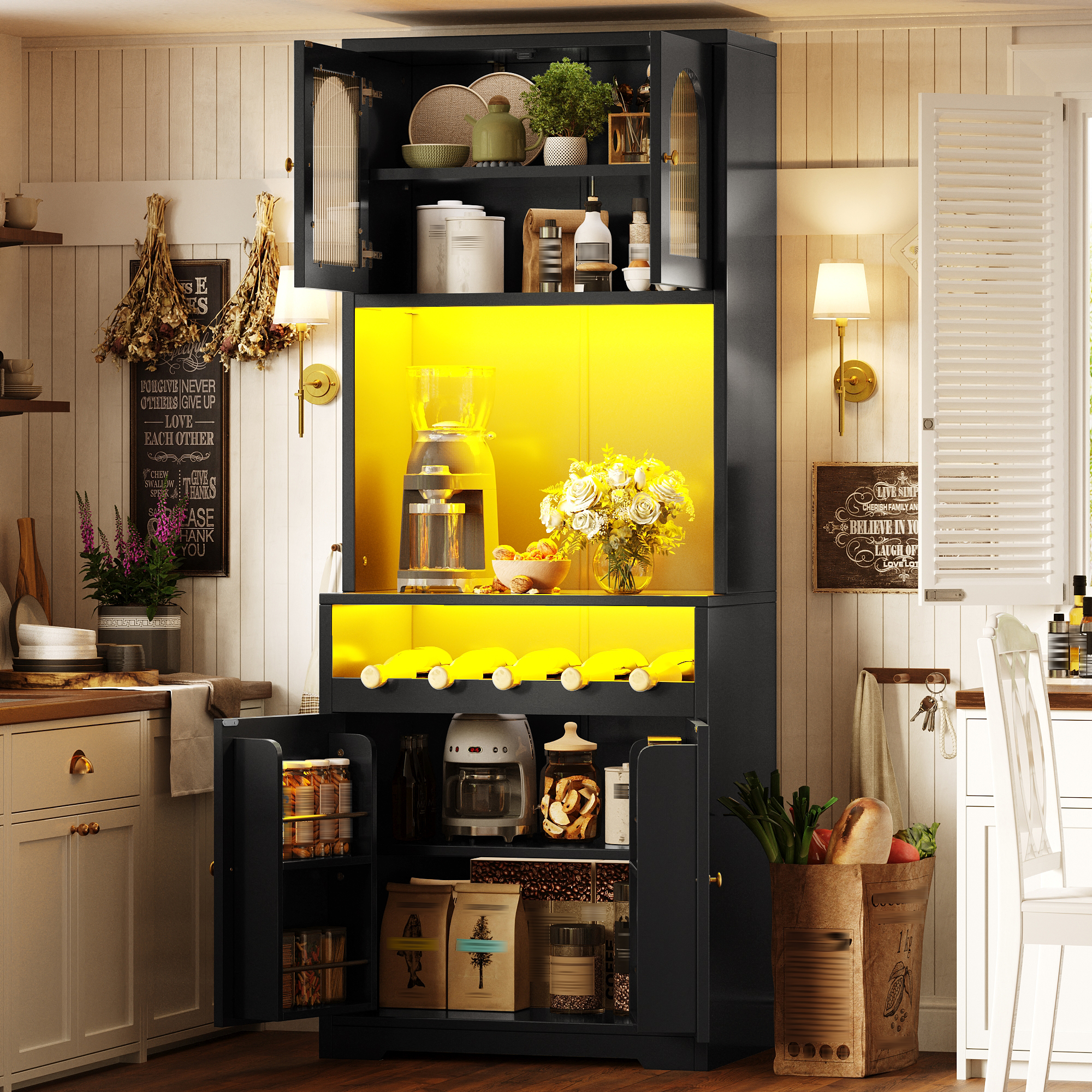 Ensemble composé de 2 buffets hauts noirs 180 cm, chacun avec App-RGB-LED, portes vitrées, casier à vin & anti-basculement, étagères réglables, buffet de cuisine, meuble de rangement