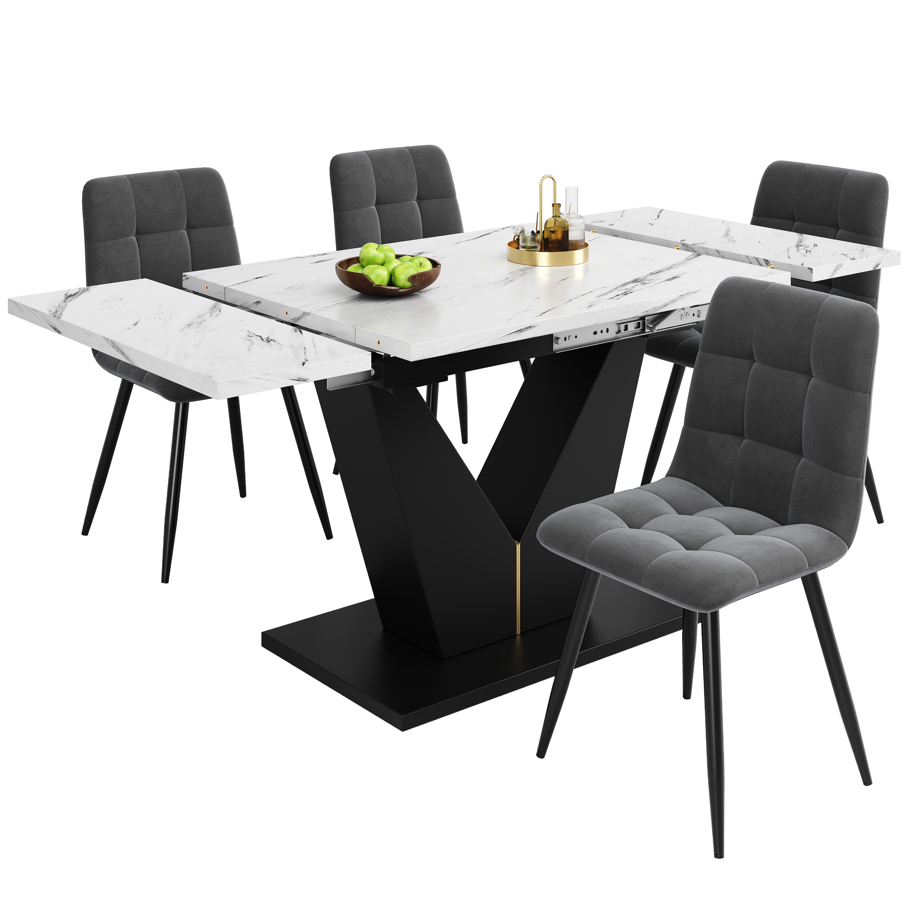 Ensemble table et chaises, 5 pièces, 1 table + 4 chaises, velours et MDF, noir - vue 2