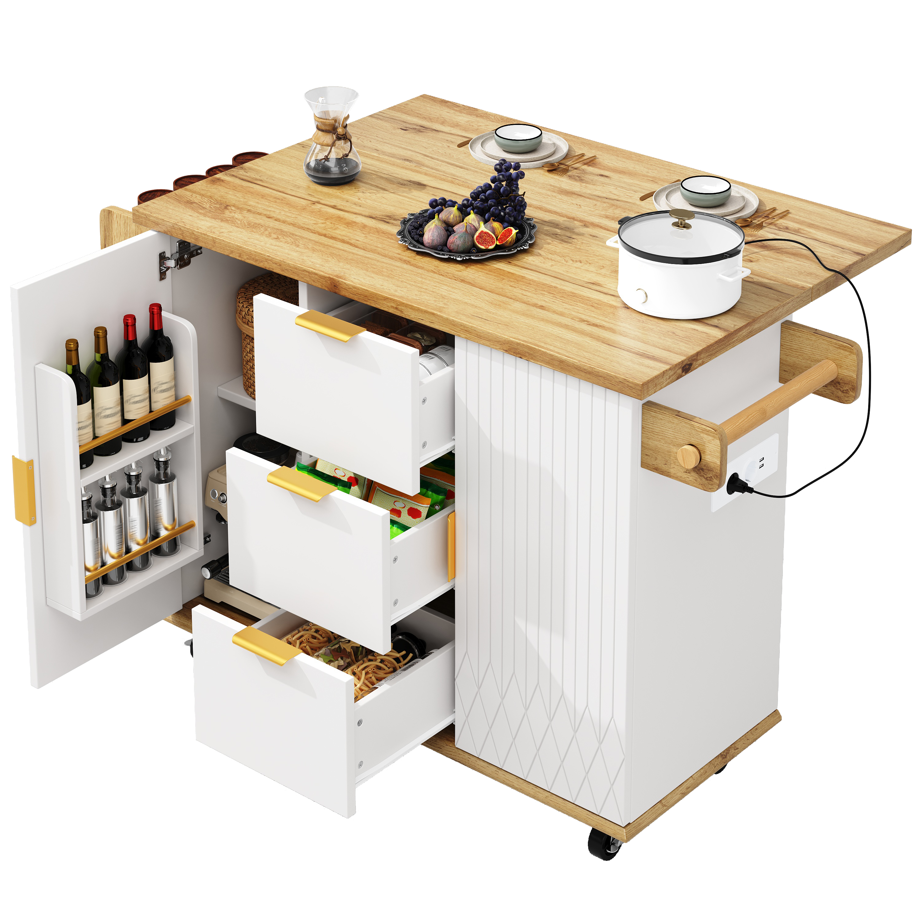 Desserte de cuisine avec plan de travail rabattable et prise électrique, meuble îlot de cuisine mobile à roulettes, aspect bois blanc, capacité de charge jusqu'à 70 kg, desserte de cuisine