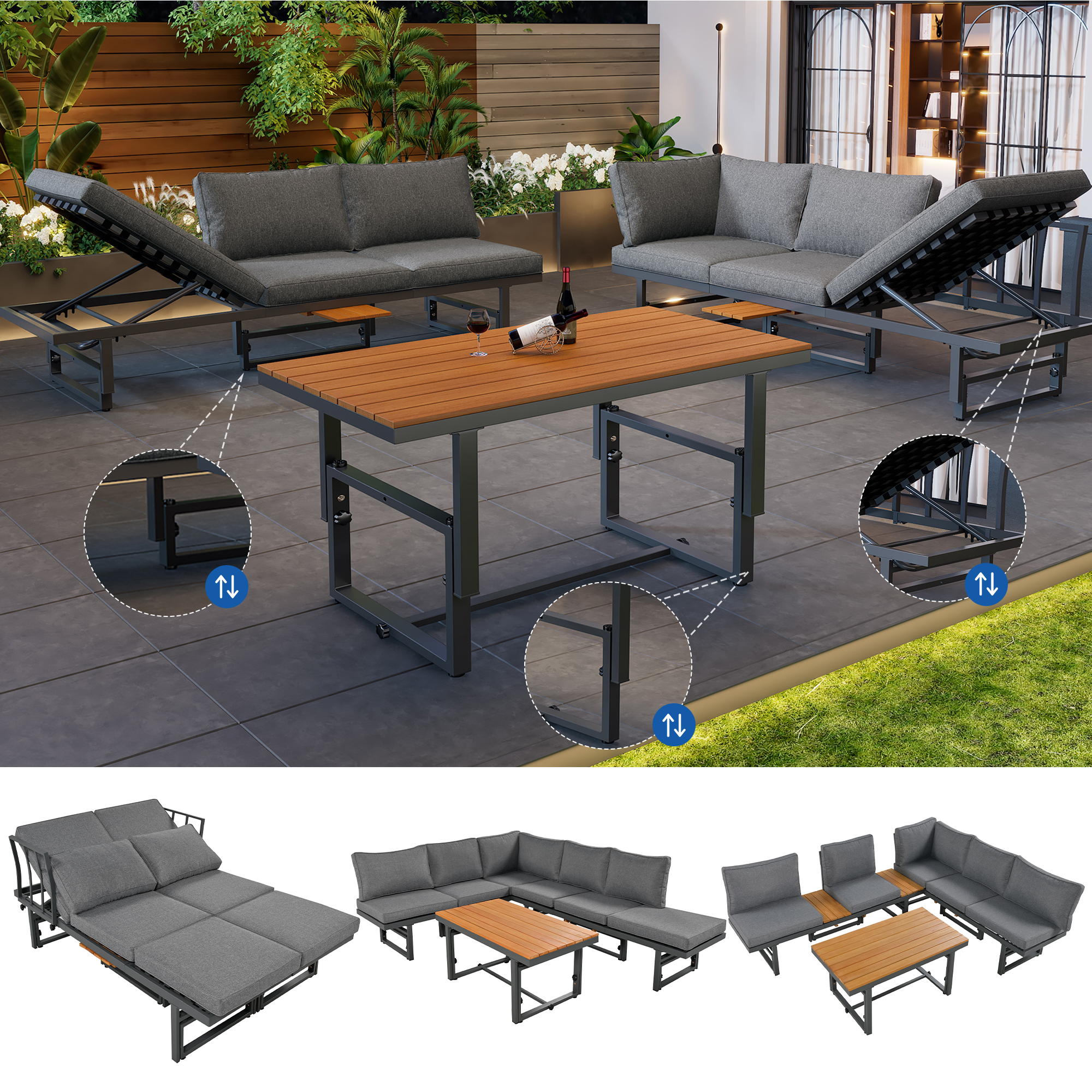 Gartenmöbel-Set, grau, 3-teiliges Set mit 2 Sofas,