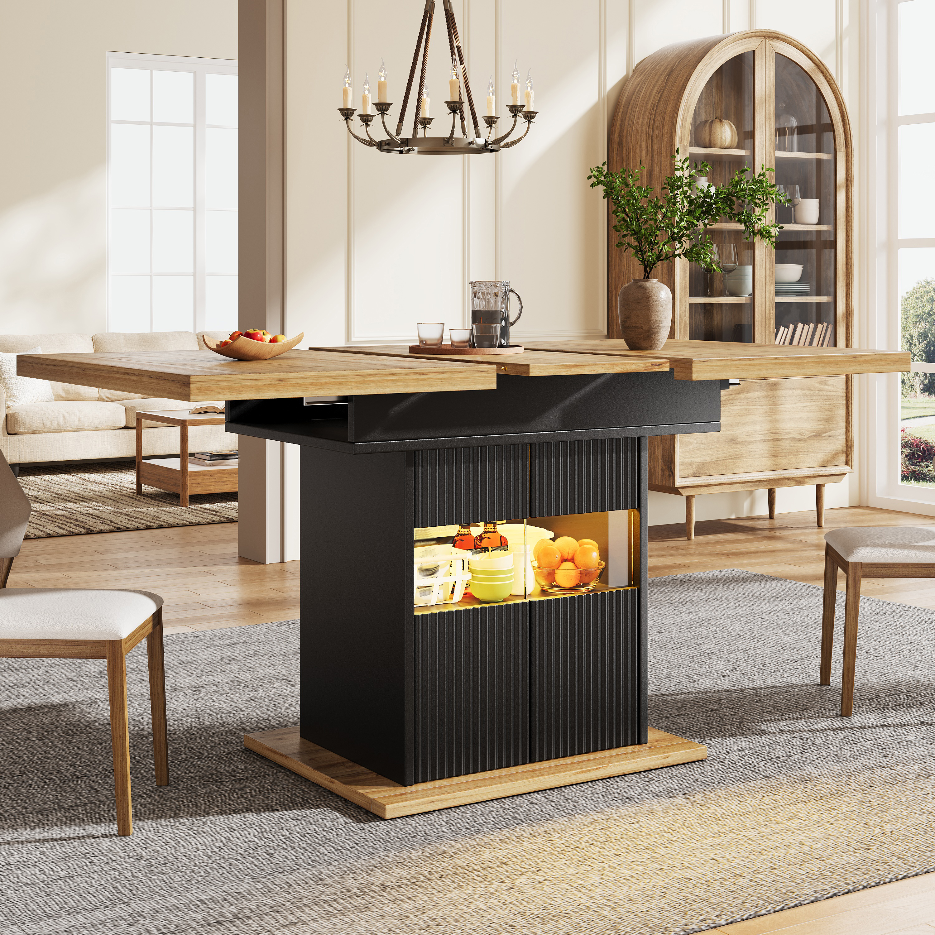 Table à manger extensible avec espace de rangement et éclairage LED, 110-140 cm, avec étagère réglable, charge jusqu'à 60 kg, bois noir, table à manger extensible, table de salle à manger