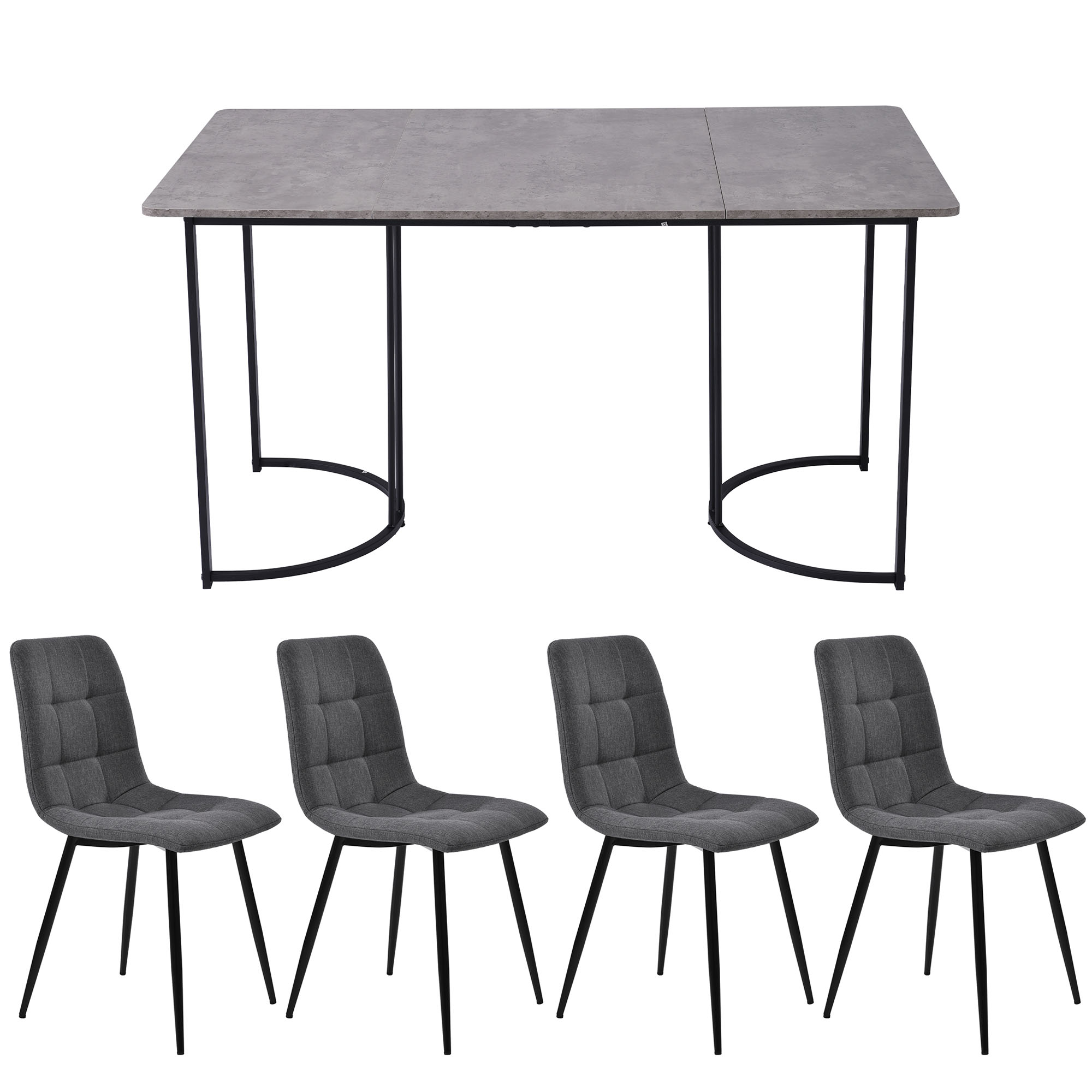 Ensemble table et chaises, 5 pièces, 1 table + 4 chaises, métal et tissu effet lin, gris foncé - vue 1