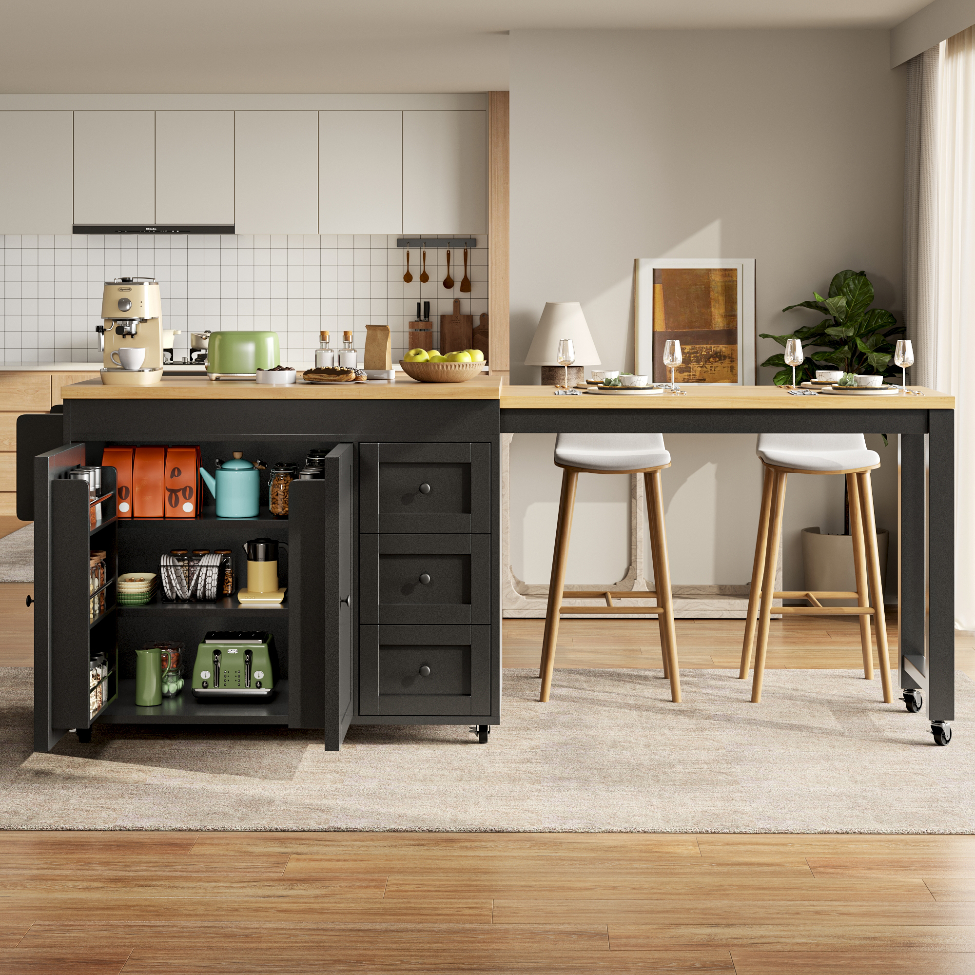 Îlot de cuisine extensible avec espace de rangement de 116 à 179, 5 cm, plateau extensible jusqu'à max. 69, 5 cm, avec 3 tiroirs, tablettes latérales et roulettes, blanc/noir, îlot de cuisine