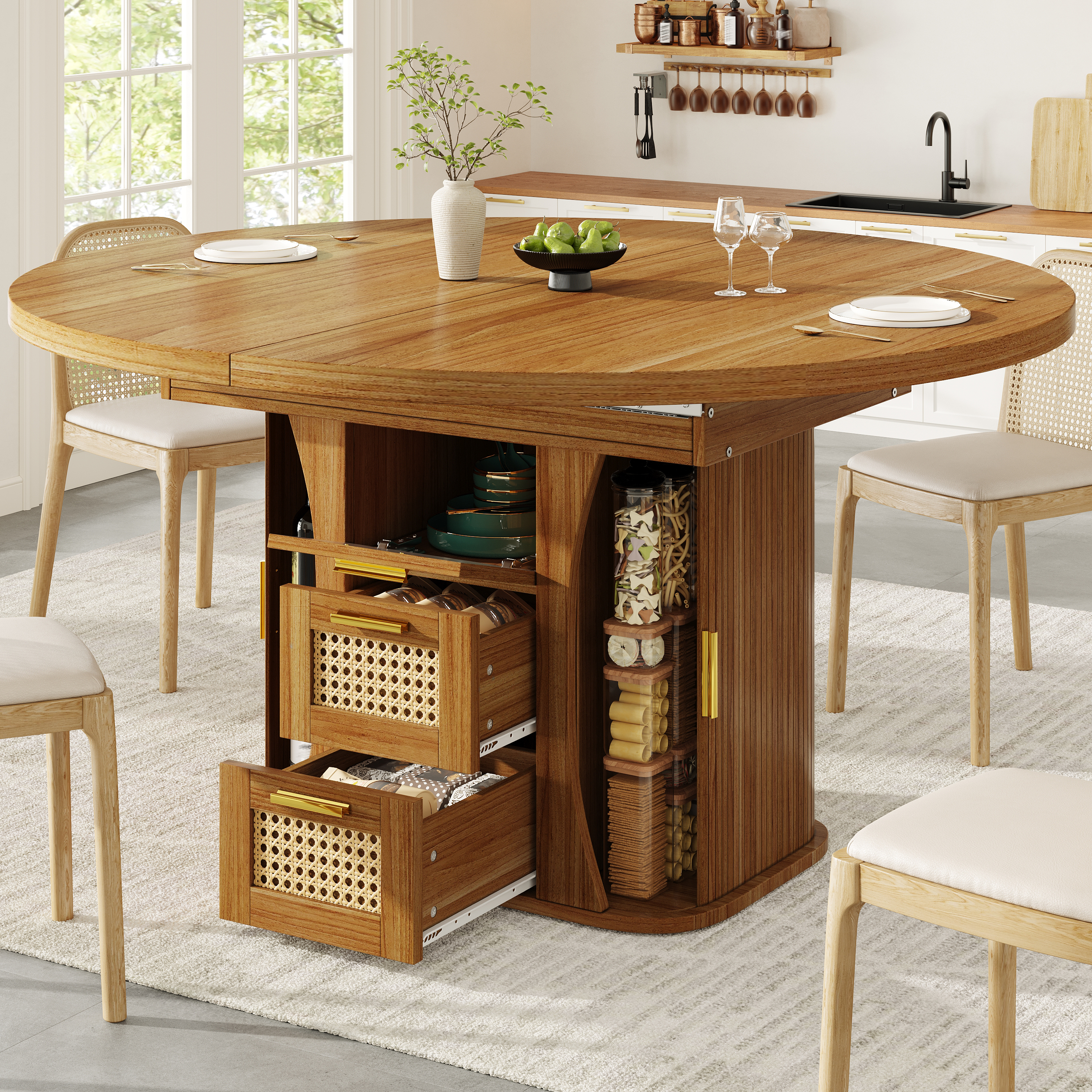 Table à manger extensible avec rangement, table 118-158 cm avec tiroirs en rotin, aspect bois MDF, noir/bois naturel/marron, table à manger extensible, table de salle à manger, mobilier de cuisine