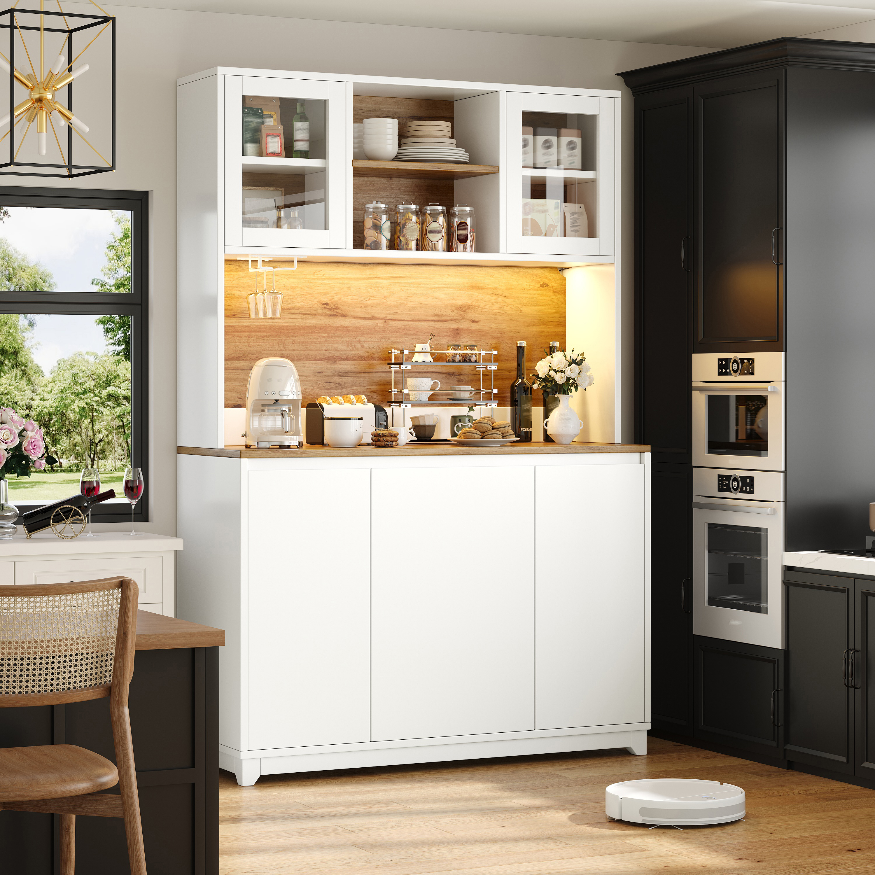 Armoires de cuisine (120 × 40 × 180 cm), tables d'appoint hautes de cuisine, buffets, armoires de cuisine avec portes en acrylique et éclairage LED, blanc, table à manger extensible