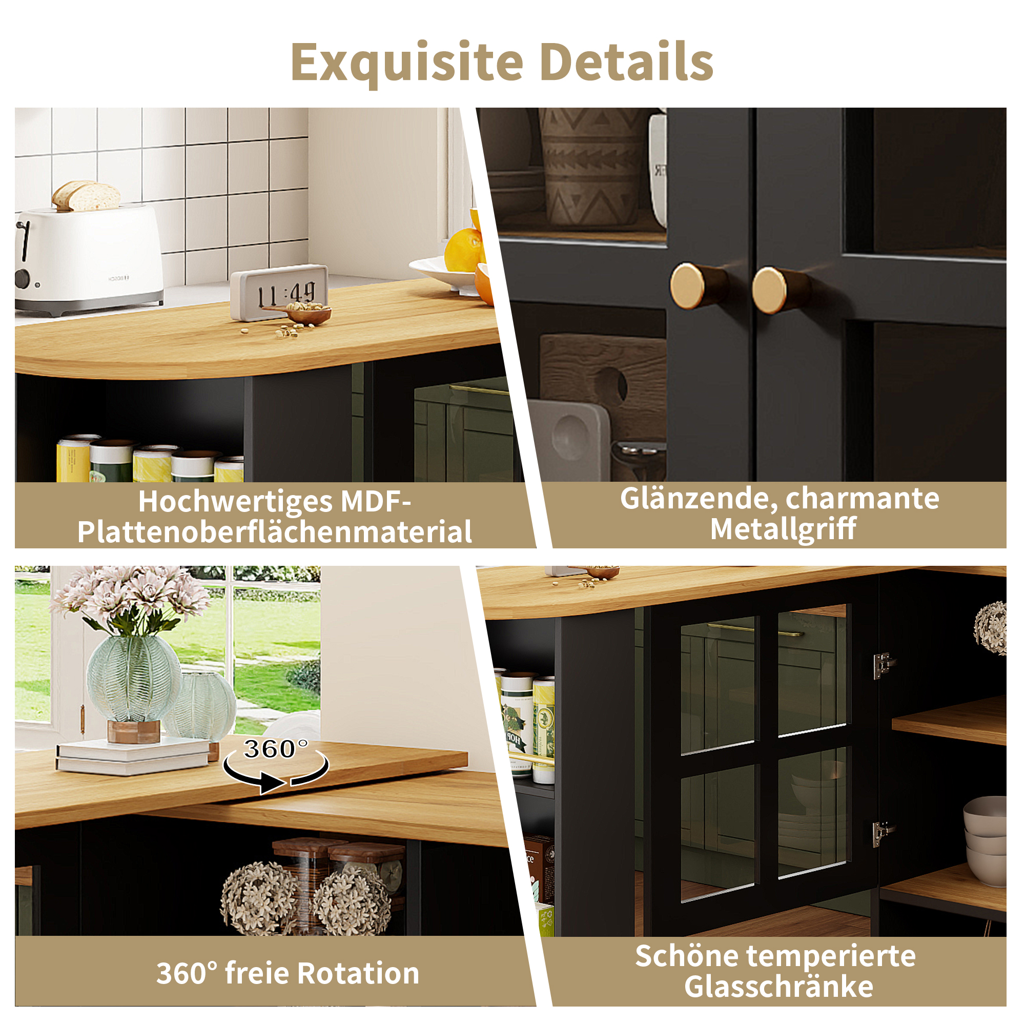 Buffet haut 138 cm extensible à 204 cm, portes verre trempé, poignées métal, MDF, pour salon et entrée, design élégant, beaucoup de rangement, style moderne, stabilité, facile montage, décoration - image 9