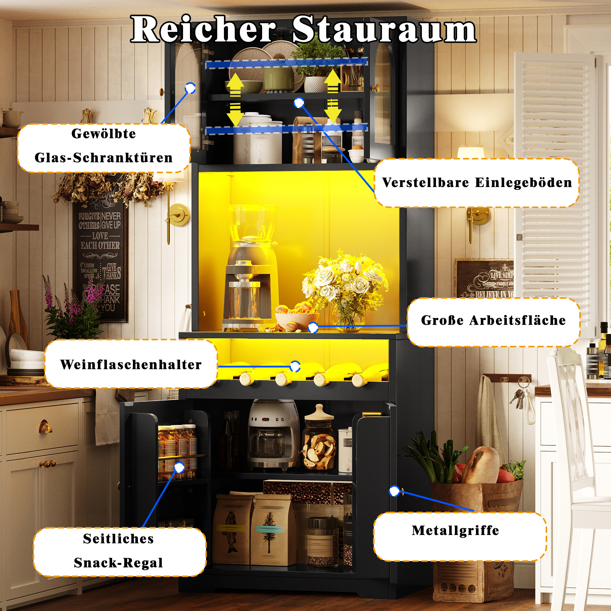 Hochbuffetschrank 180cm Schwarz mit App-RGB-LED, g