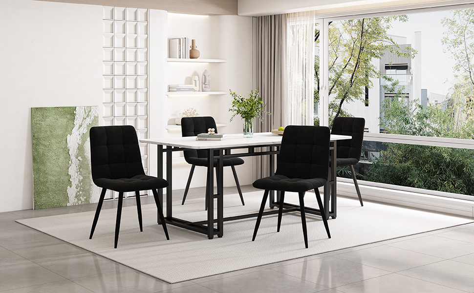 Ensemble table et chaises, 5 pièces, 1 table + 4 chaises, velours et métal, noir - vue 2