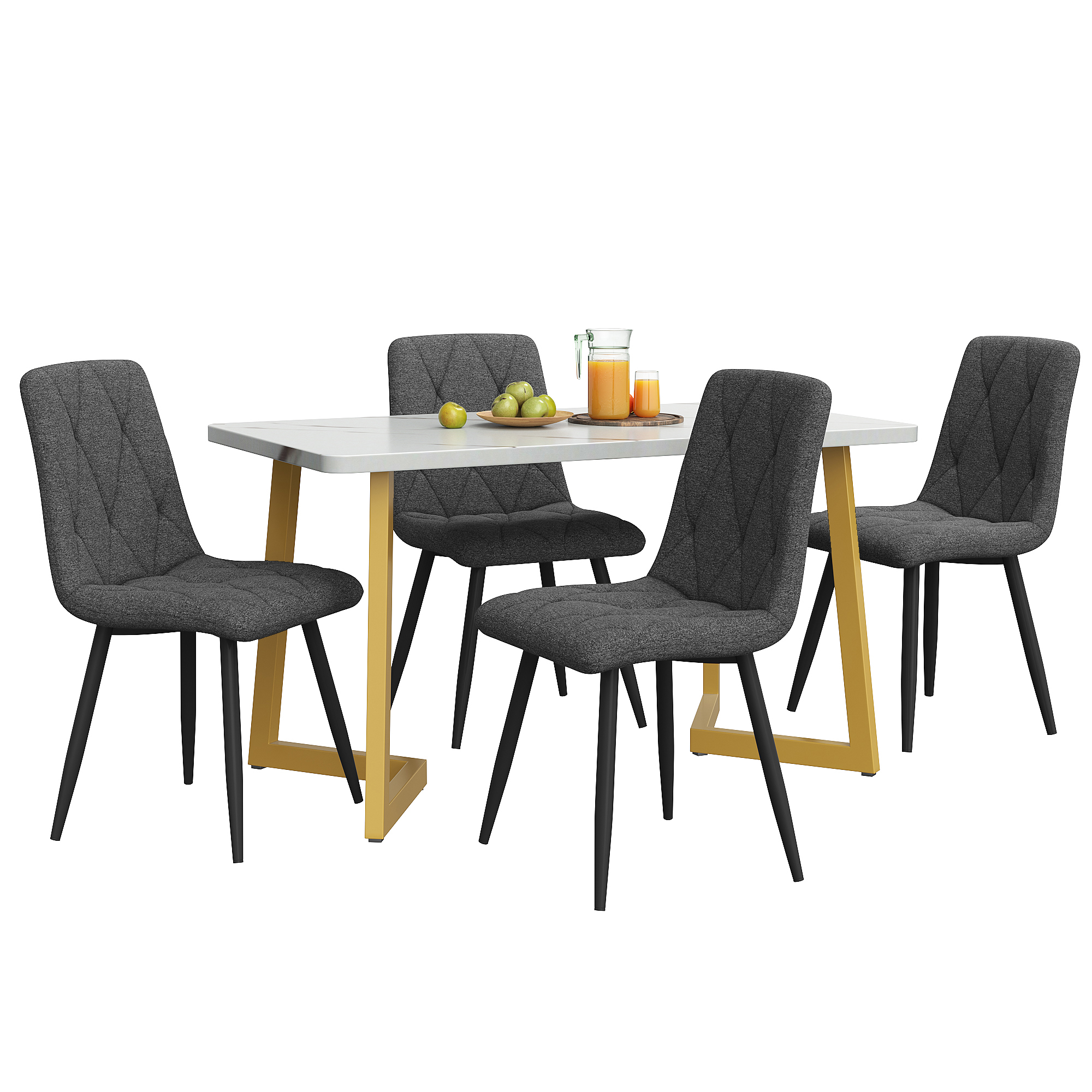 Ensemble table et chaises, 5 pièces, 1 table + 4 chaises, tissu effet lin et MDF, gris foncé - vue 2