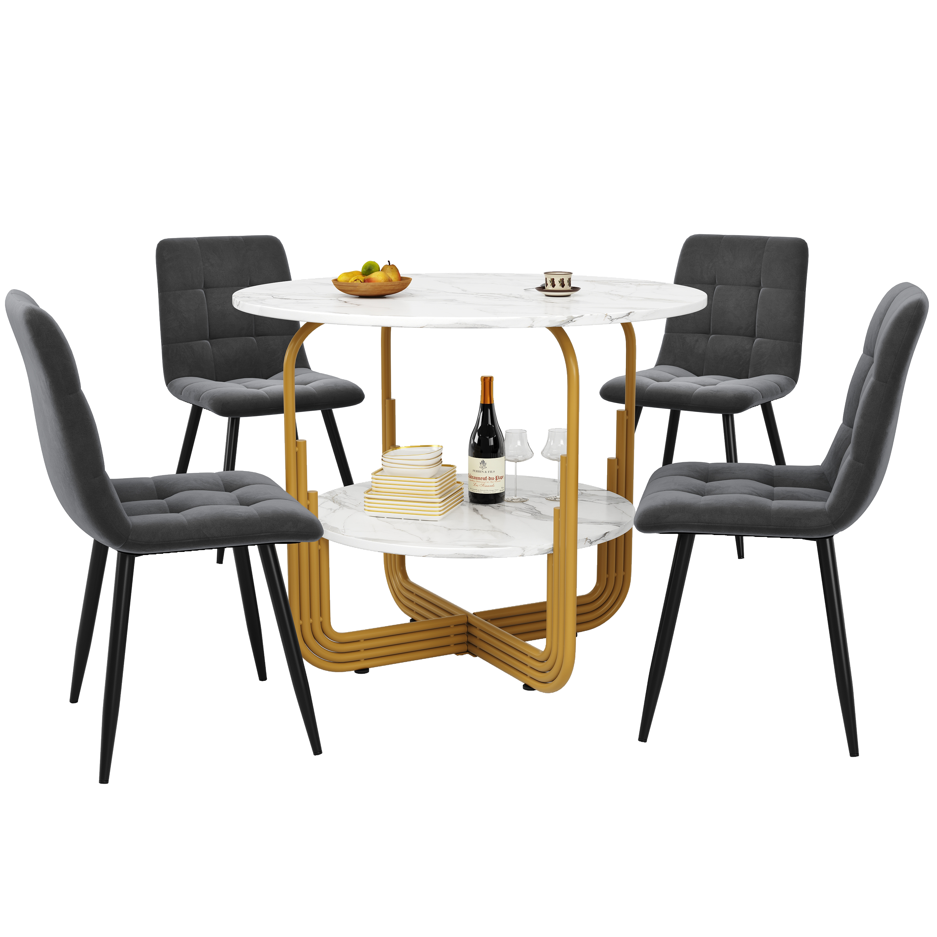 Ensemble table et chaises, 5 pièces, 1 table + 4 chaises, métal et velours, gris - vue 1