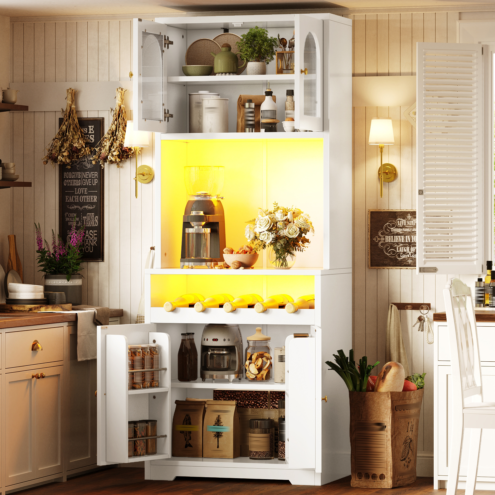 Ensemble composé de 2 buffets hauts blancs 180 cm, chacun avec App-RGB-LED, portes vitrées, casier à vin & anti-basculement, étagères réglables, buffet de cuisine, meuble de rangement