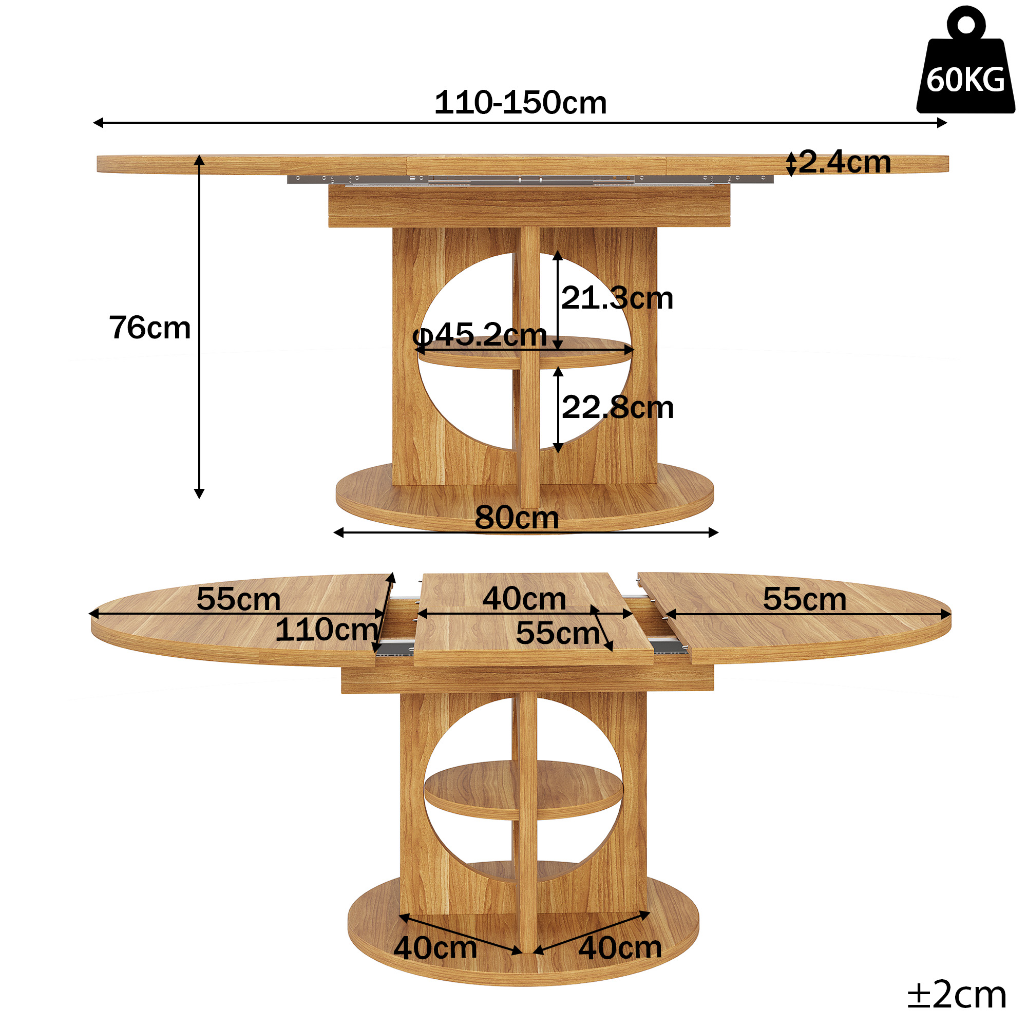 Table à manger extensible avec espace de rangement, 110–150 cm, aspect bois/noir, capacité de charge jusqu'à 60 kg, ronde à ovale, table à manger extensible, table de salle à manger