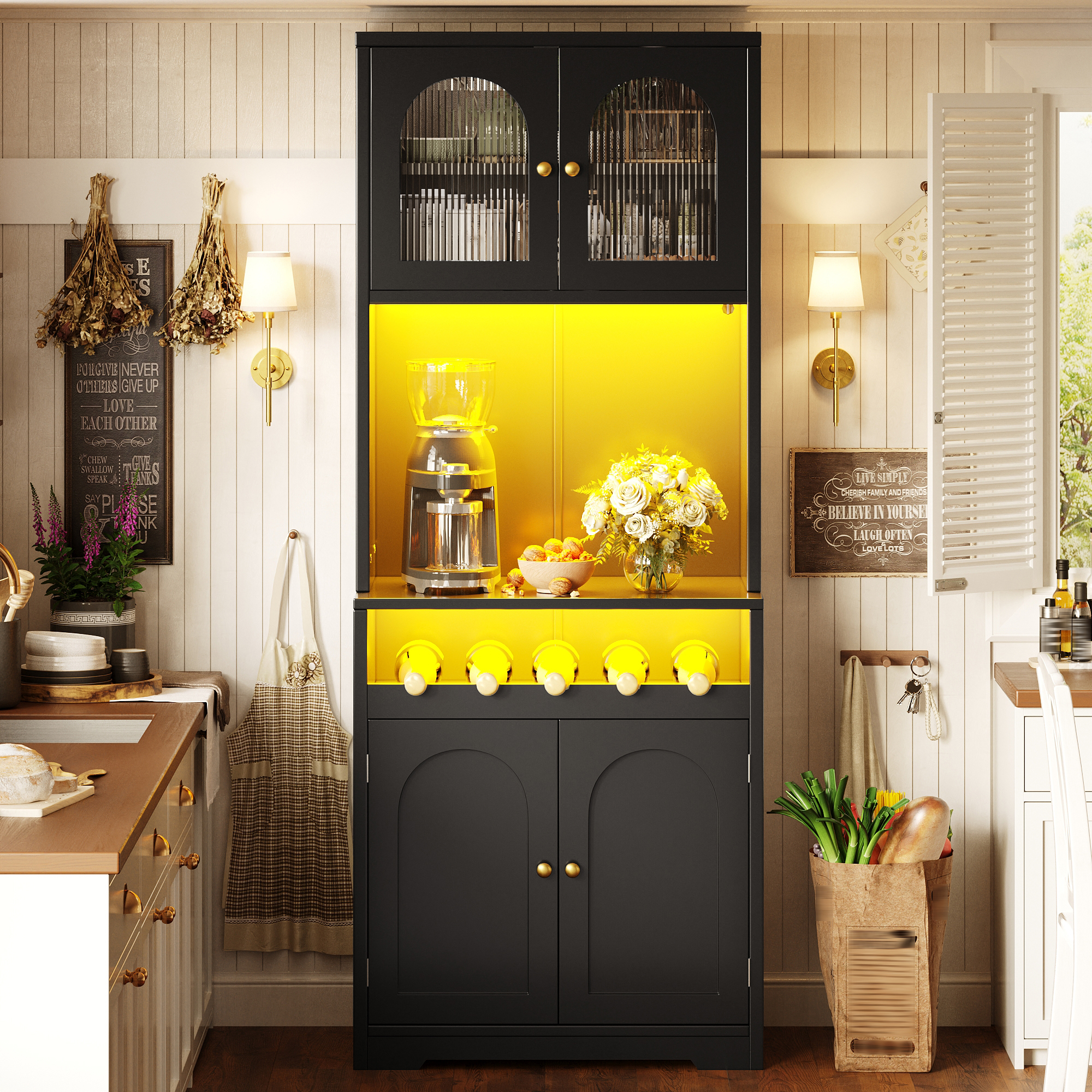 Ensemble composé de 2 buffets hauts noirs 180 cm, chacun avec App-RGB-LED, portes vitrées, casier à vin & anti-basculement, étagères réglables, buffet de cuisine, meuble de rangement