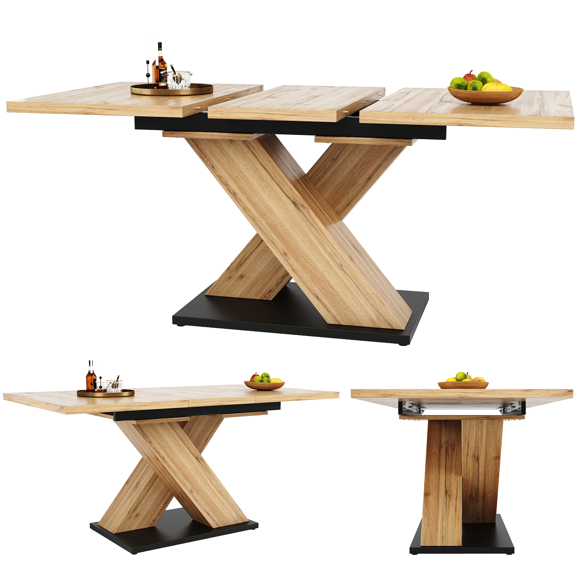 Table à manger extensible 119–158,5 cm x 80 x 75 cm pour 6 à 8 personnes, pieds croisés, MDF, Effet bois naturel - vue complémentaire