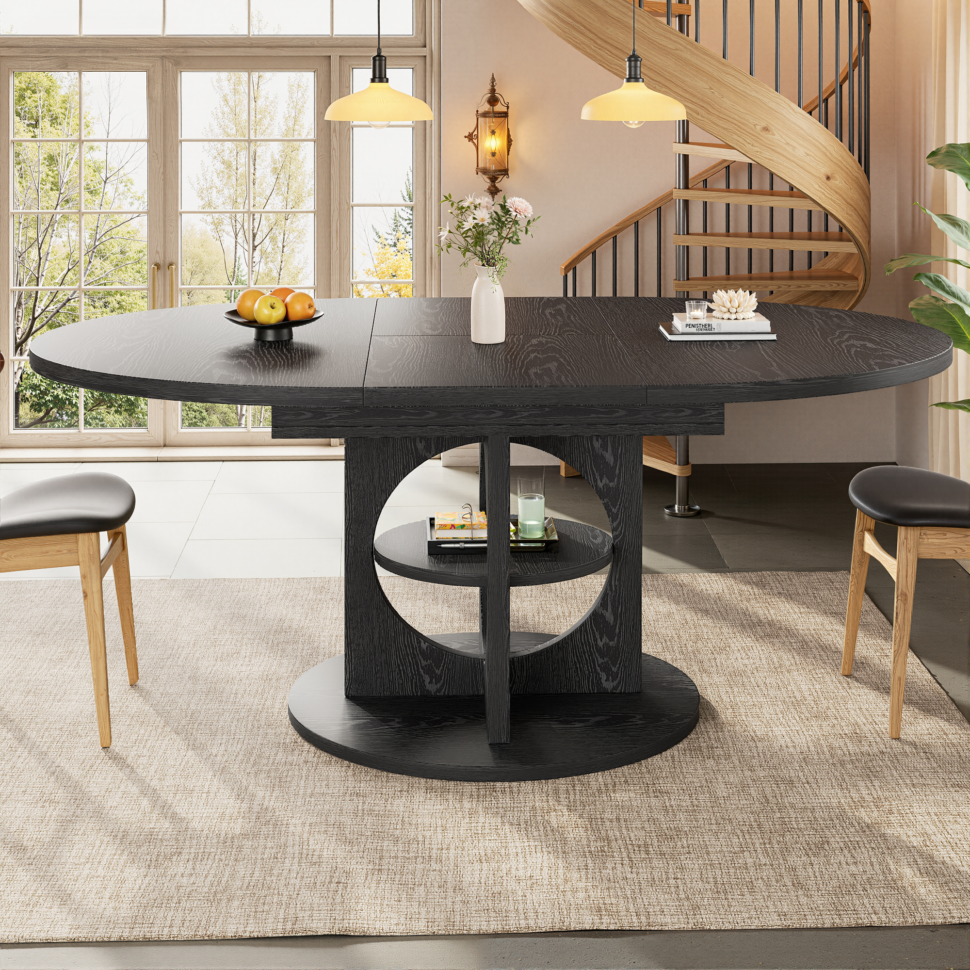 Table à manger extensible avec espace de rangement, 110-150 cm, aspect bois noir, capacité de charge jusqu'à 60 kg, ronde à ovale, table à manger extensible, table de salle à manger