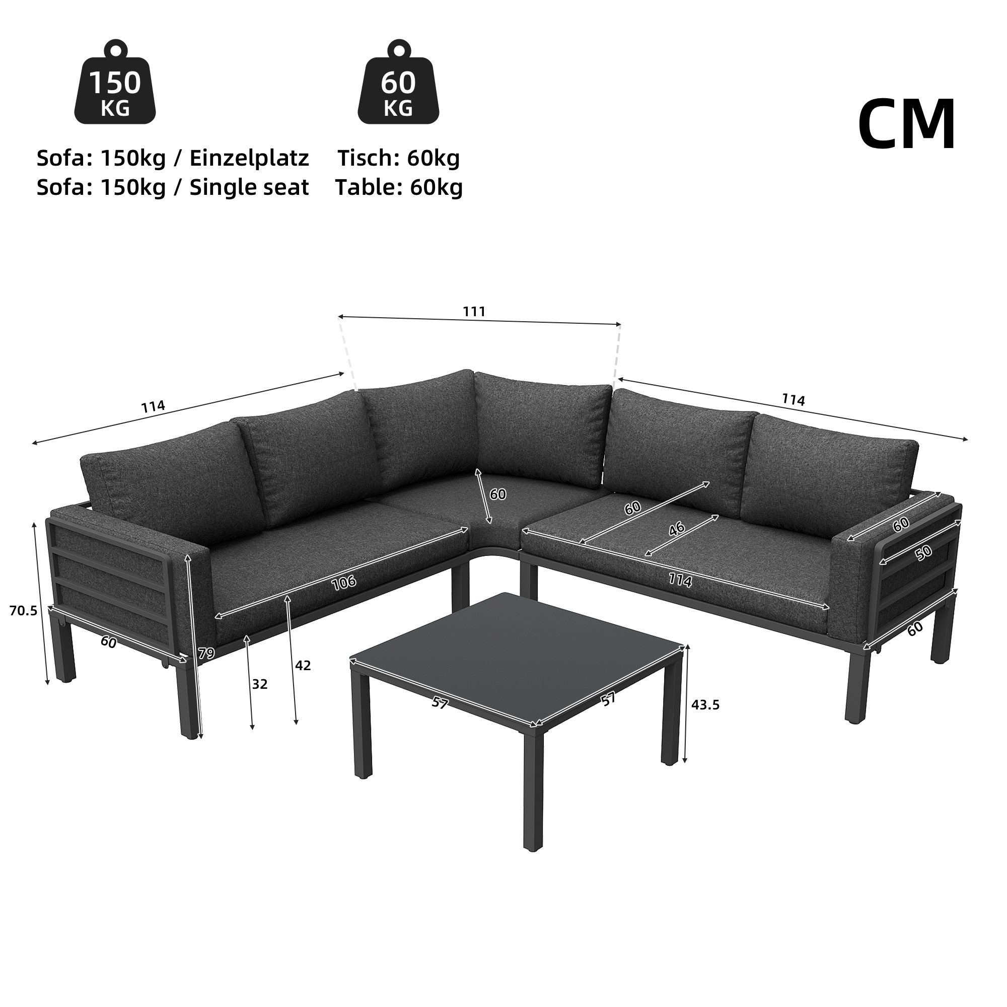 Détail cadre fer et coussins épais gris