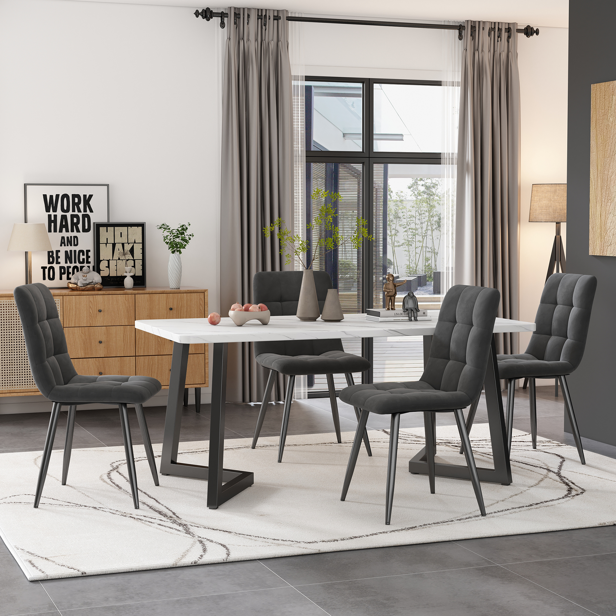 Ensemble table et chaises, 5 pièces, 1 table + 4 chaises, velours et MDF, gris foncé - vue 1
