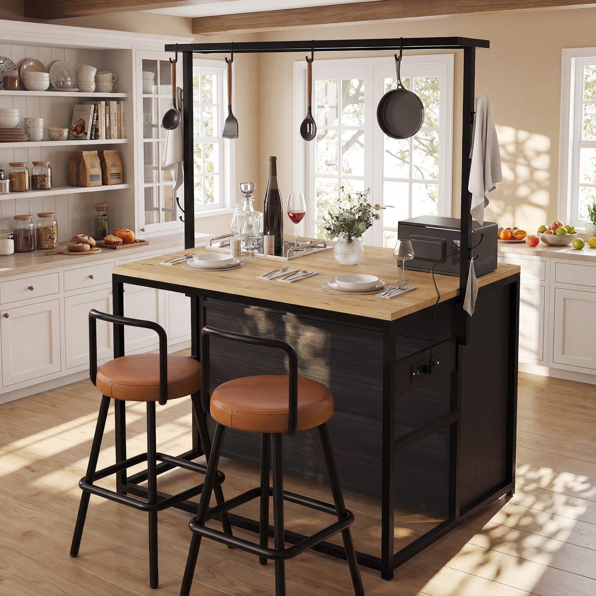 Ensemble d'îlot de cuisine avec 2 tabourets, armoire de cuisine avec prise électrique et tabourets de bar assortis, aspect bois/noir, pour cuisine et salle à manger, îlot de cuisine