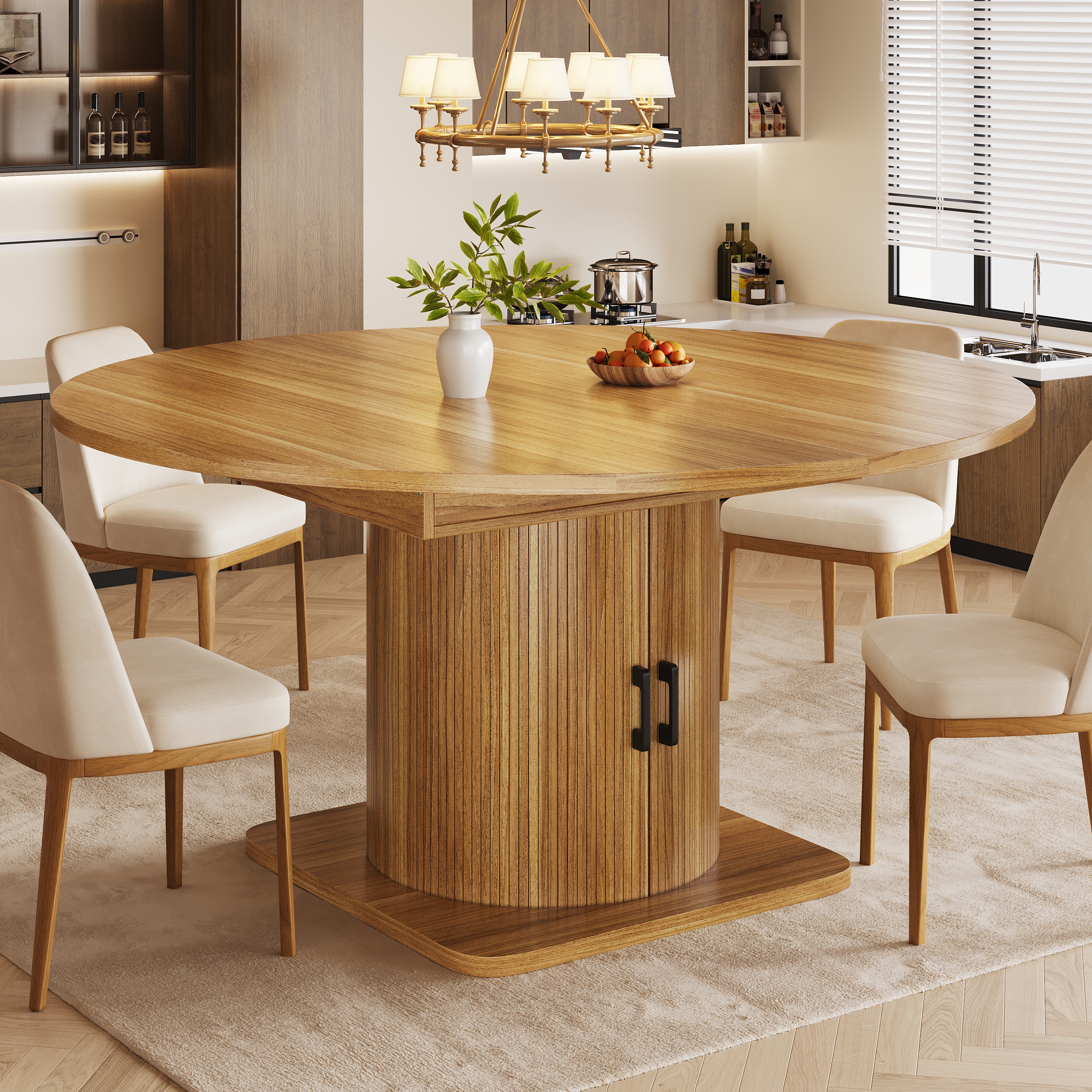 Table à manger extensible avec espace de rangement, table multifonctionnelle avec étagères amovibles, table de cuisine peu encombrante pour petites pièces et salles à manger, plateau en MDF, marron