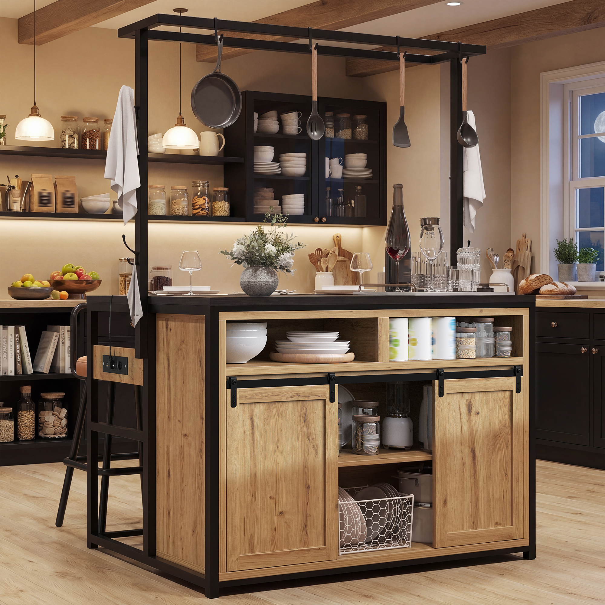 Ensemble d'îlot de cuisine avec 2 tabourets, armoire de cuisine avec prise électrique et tabourets de bar assortis, aspect bois/noir, pour cuisine et salle à manger, îlot de cuisine